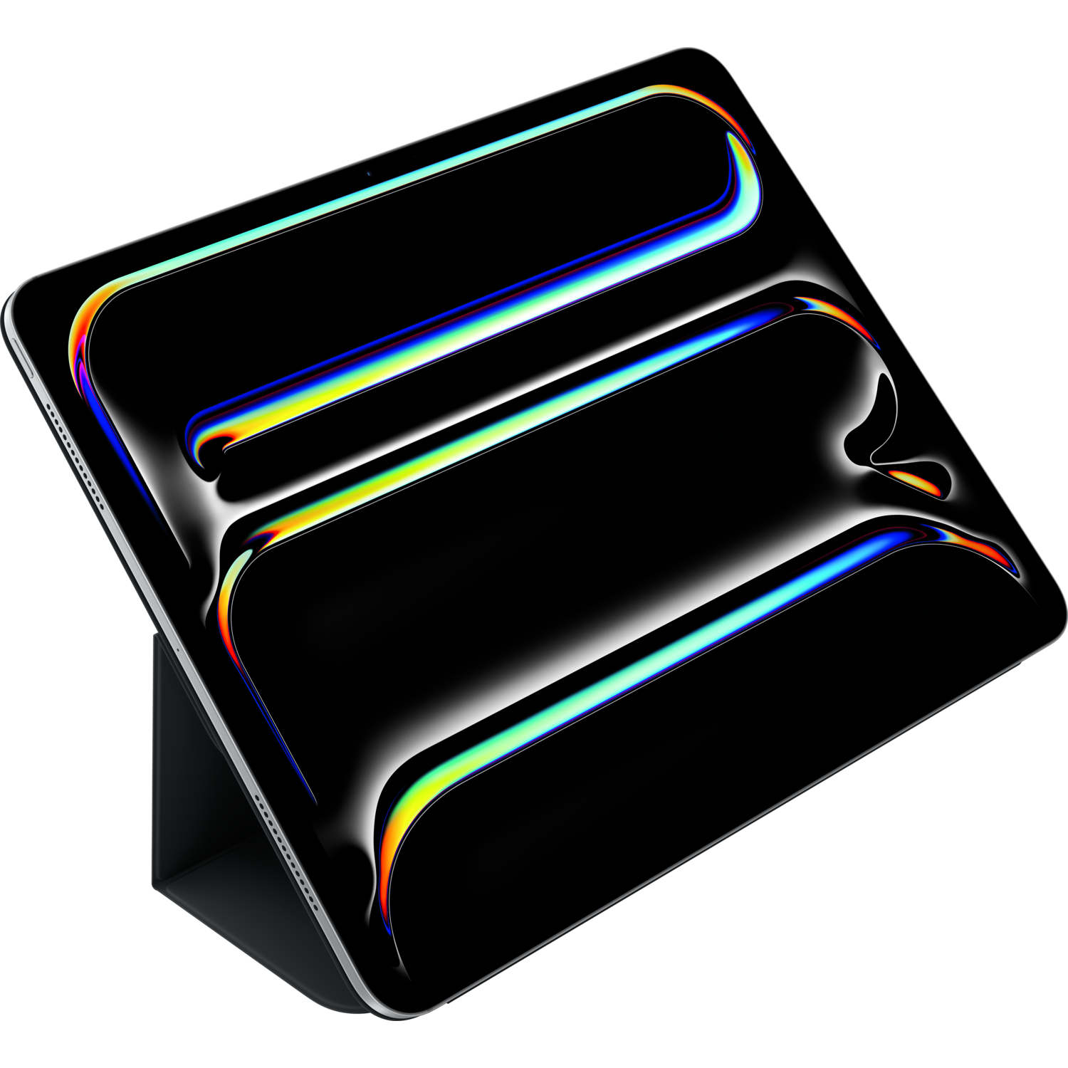 iPad with black screen cover, rainbow reflections. Leaning against a dark stand.