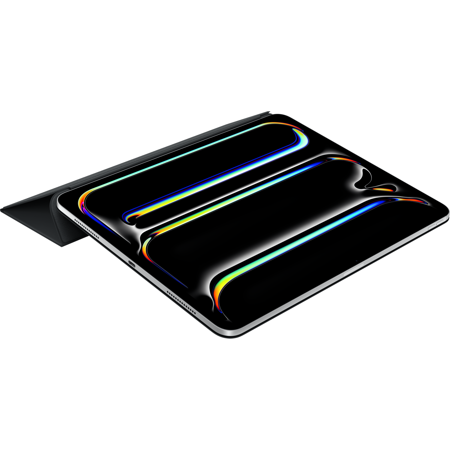 Black tablet with a reflective screen. A black cover is partially open. The background is black.