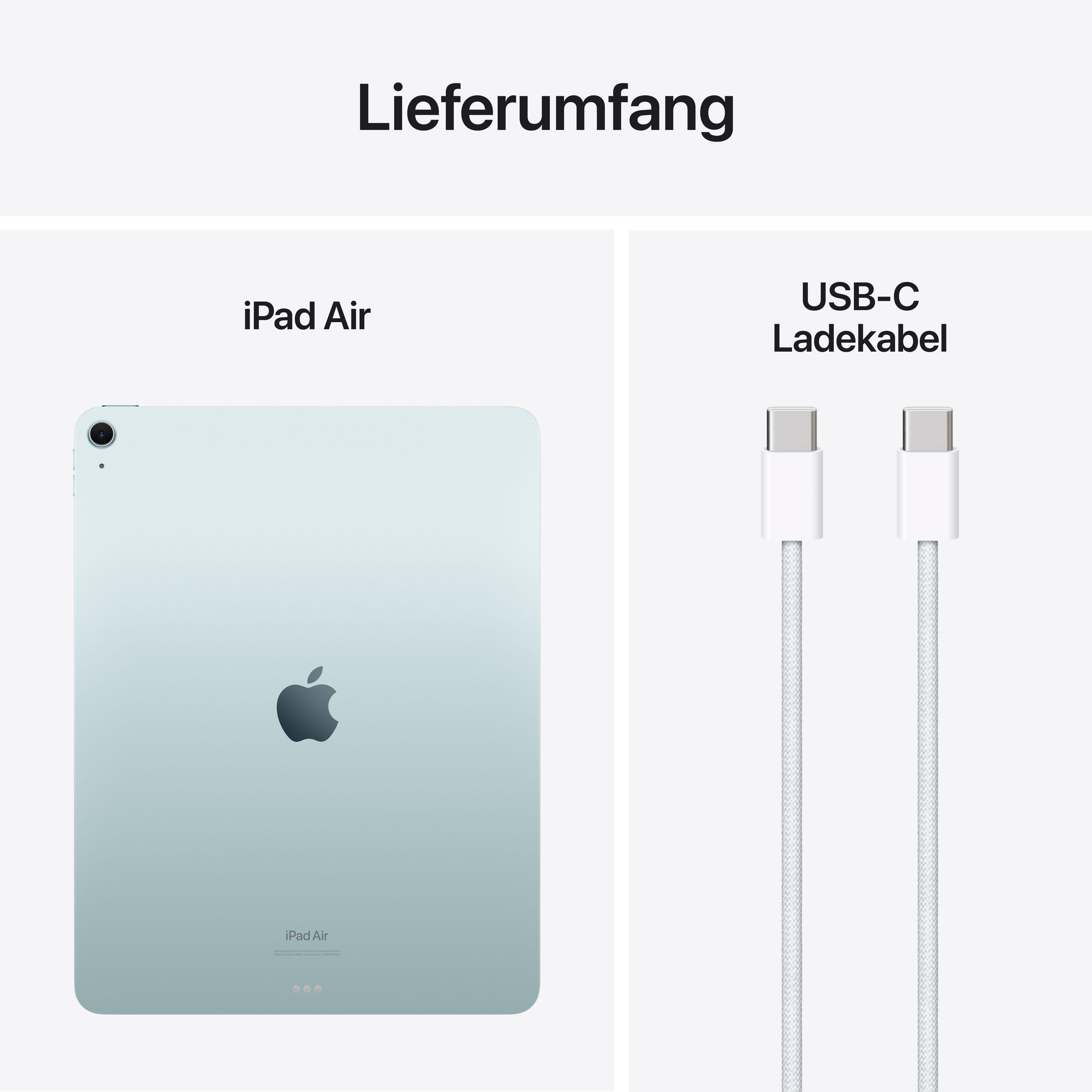 Bild zeigt ein iPad Air und ein USB-C-Kabel. Das iPad ist blau, das Kabel weiß.