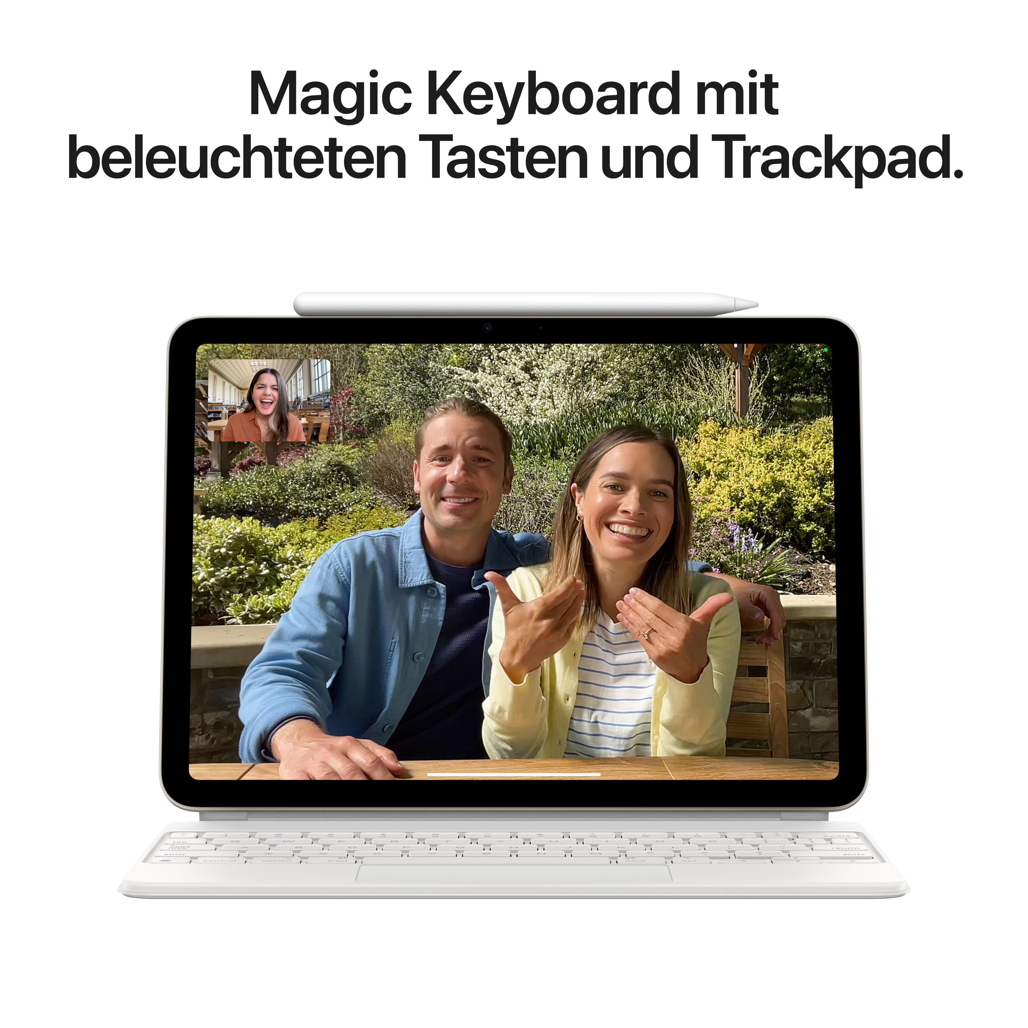 Personen in einem Videoanruf auf einem iPad, mit Magic Keyboard, weißer Hintergrund.
