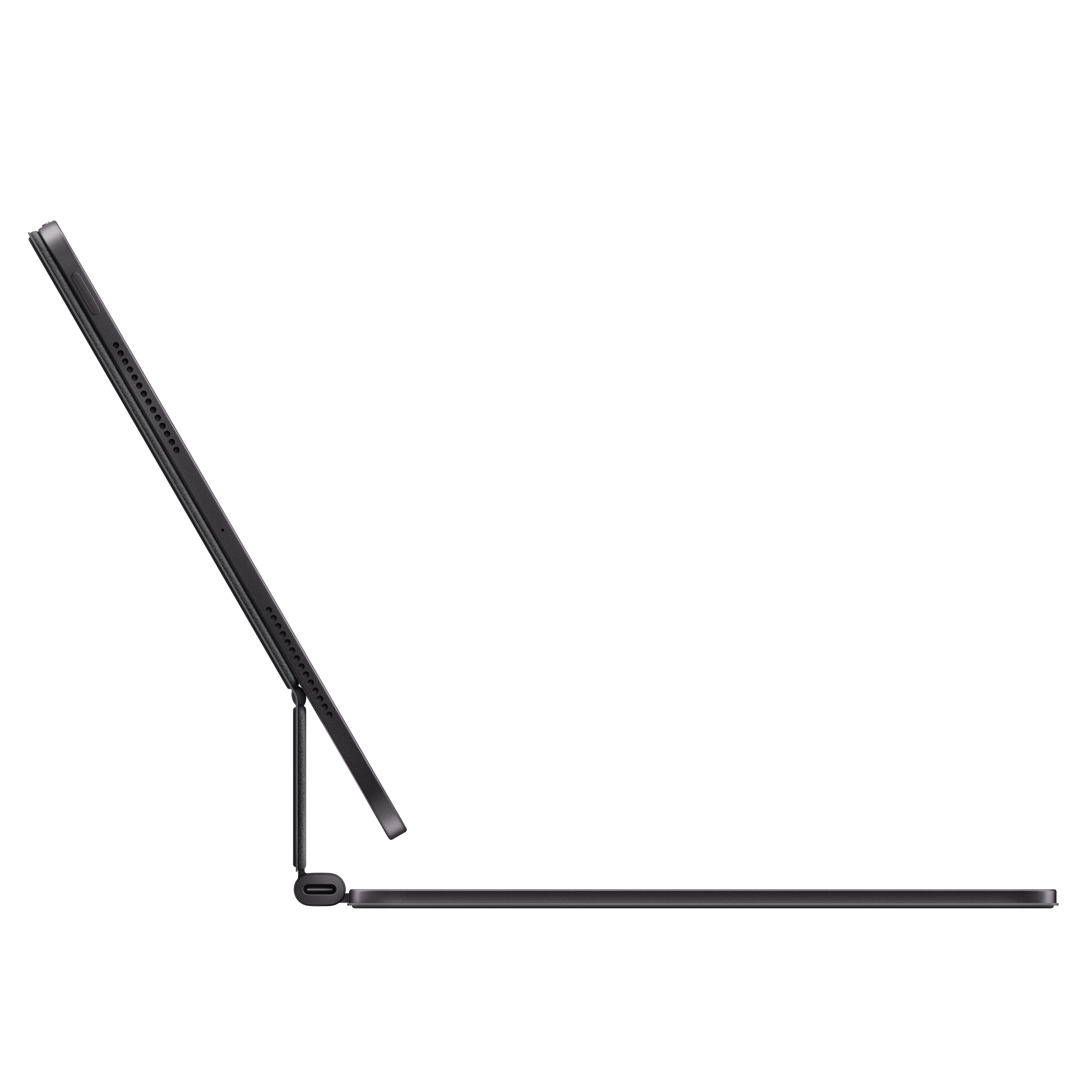 Schwarzes iPad mit Tastaturhülle, Seitenansicht. Das iPad wird von der Hülle gestützt.