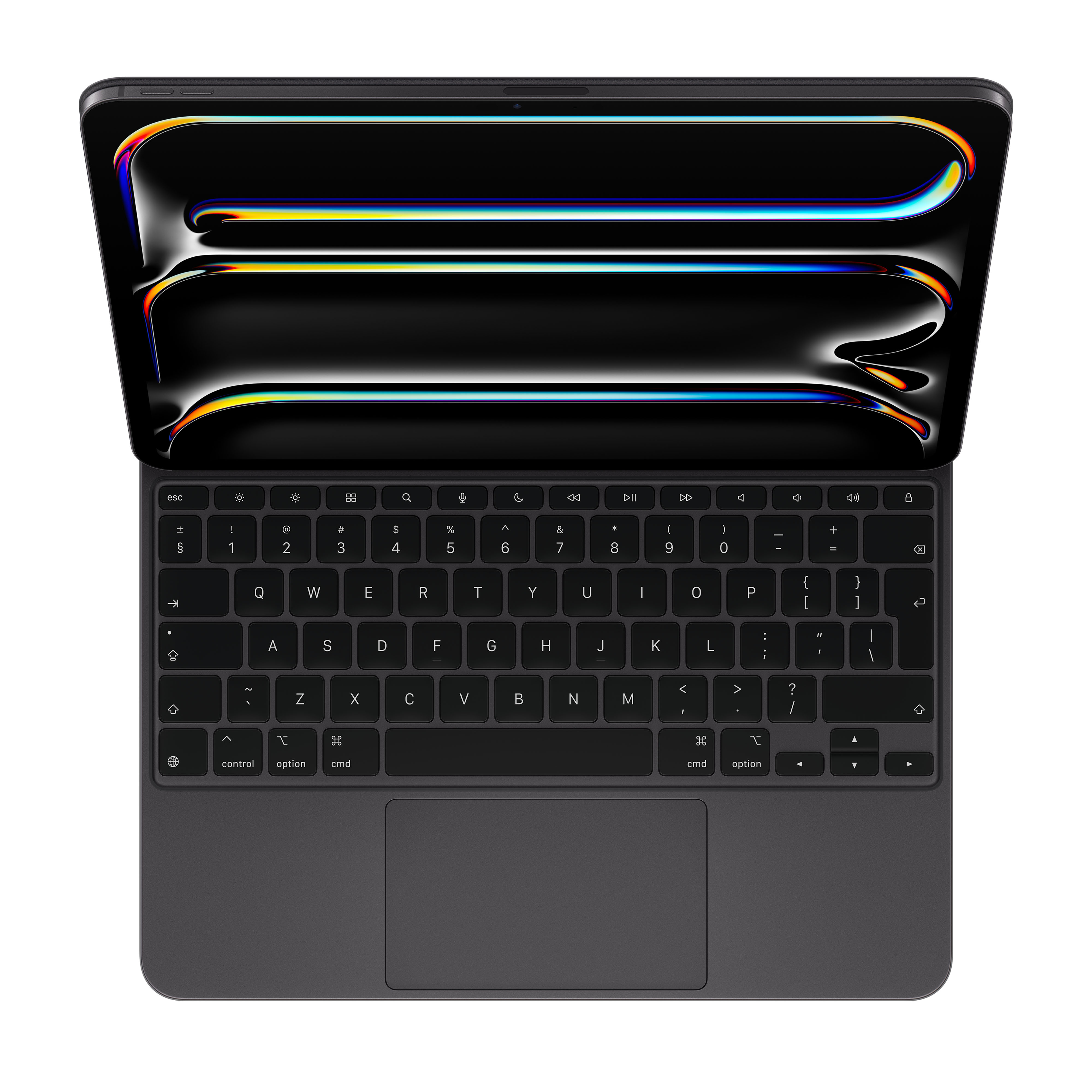 Schwarze Tastatur mit Trackpad und Tasten. Die Tastatur ist von oben betrachtet abgewinkelt.