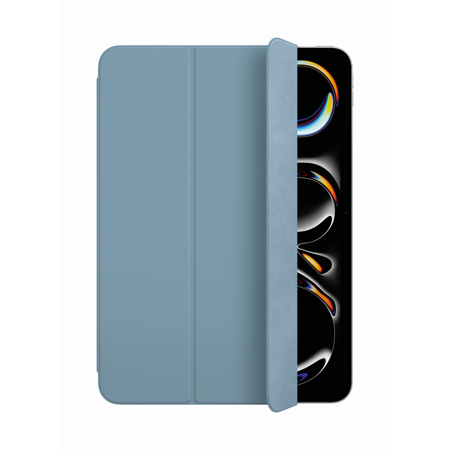 iPad in blue case. Case is open, revealing the screen of the iPad, with a colorful background.