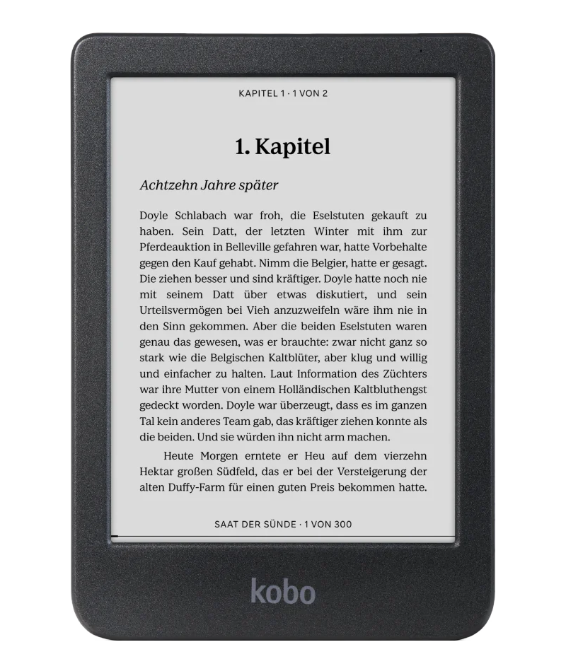 E-Reader mit Text auf dem Bildschirm. Zeigt deutschen Text, Kapitelüberschrift und Seitenzahlen an.