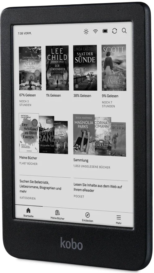 Ein schwarzer E-Reader, der Buchcover anzeigt.