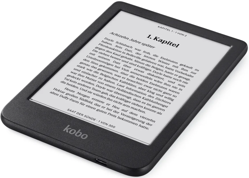 Ein schwarzer E-Reader. Der Bildschirm zeigt Text mit einem Titel und nummerierten Kapiteln.