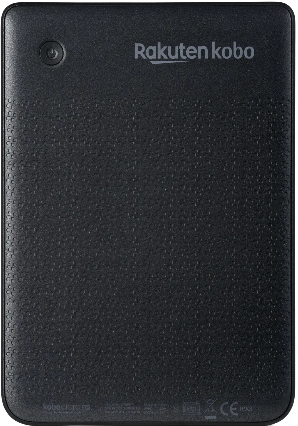Schwarze Rückseite des Kobo E-Readers. Hat einen Ein- / Ausschalter und das Rakuten Kobo Logo.