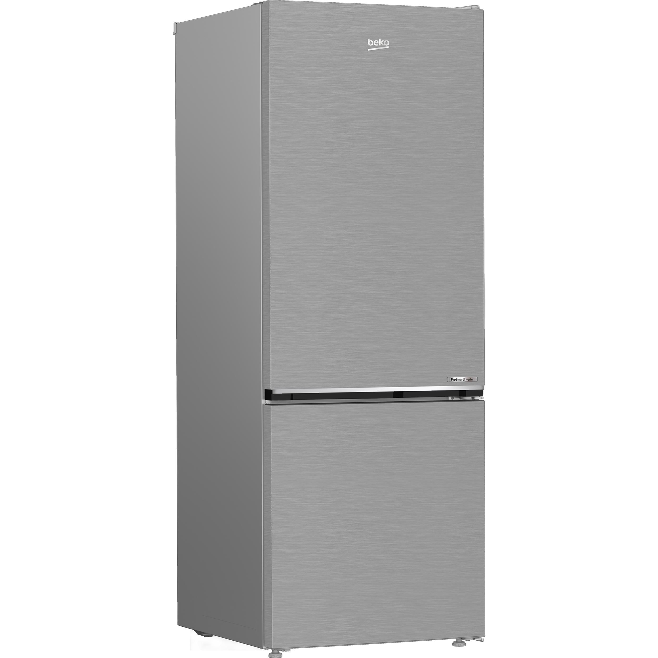 Ein Edelstahl-Beko-Kühlschrank. Der Hintergrund ist eine dunkle, strukturierte Wand.