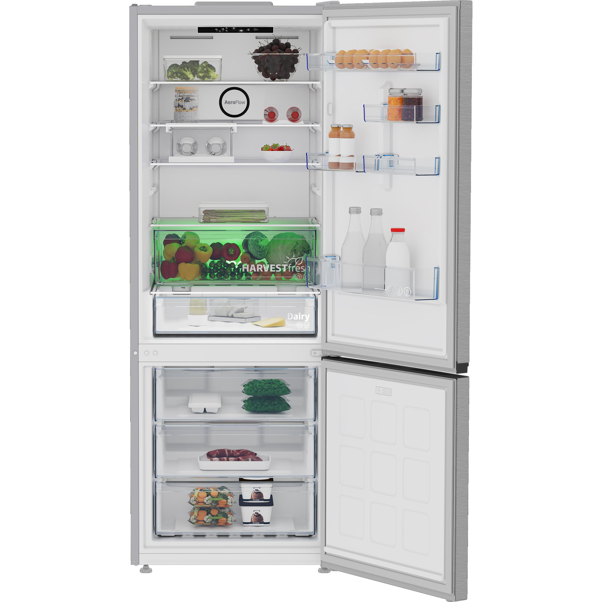 Geöffneter Kühlschrank mit Lebensmitteln, darunter Obst, Gemüse und Getränke.