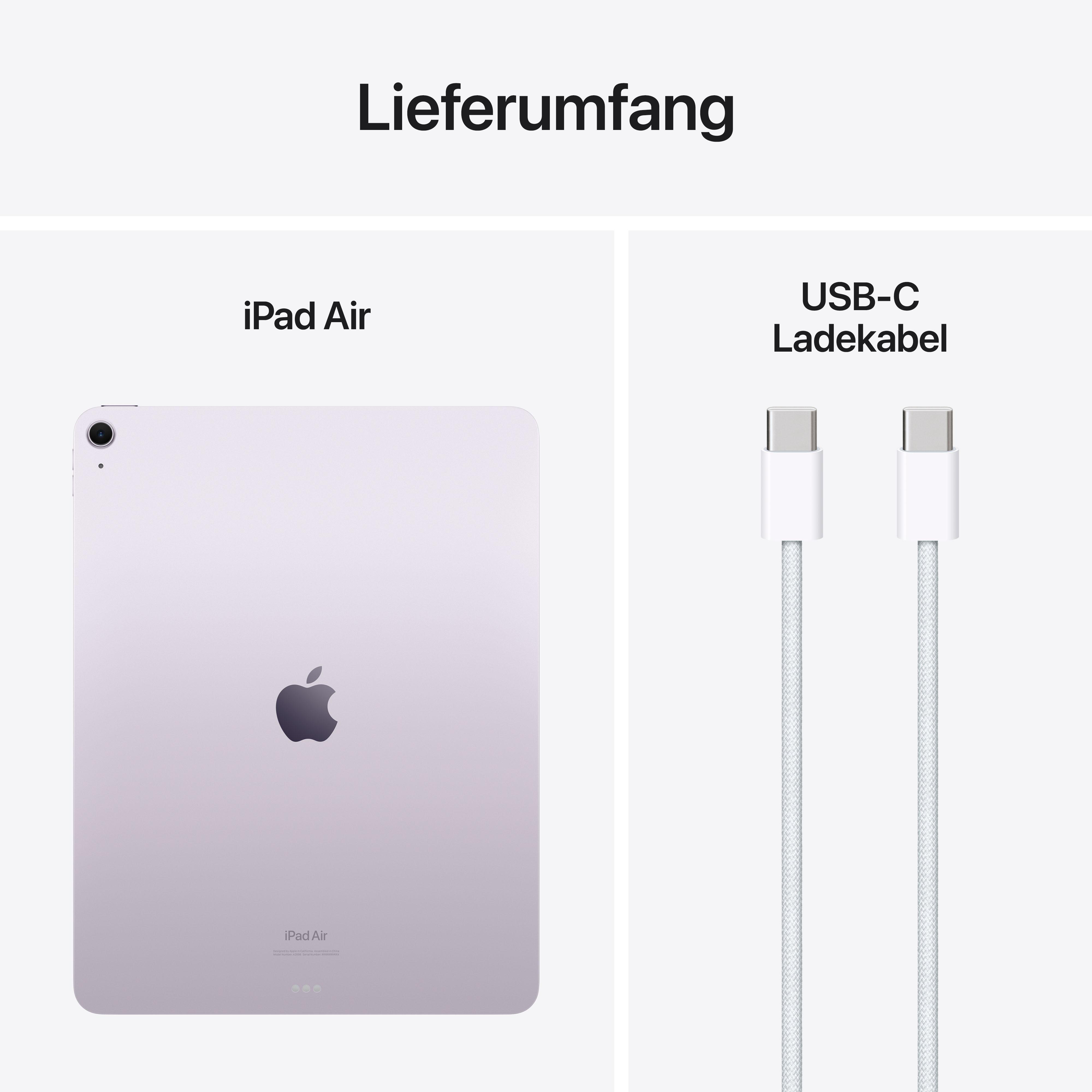 Das Bild zeigt ein iPad Air und ein USB-C-Ladekabel. Das iPad ist lavendelfarben und trägt das Apple-Logo. Das Kabel ist weiß.