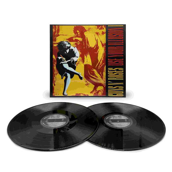 Zwei schwarze Schallplatten und ein Guns N' Roses Albumcover mit Artwork.