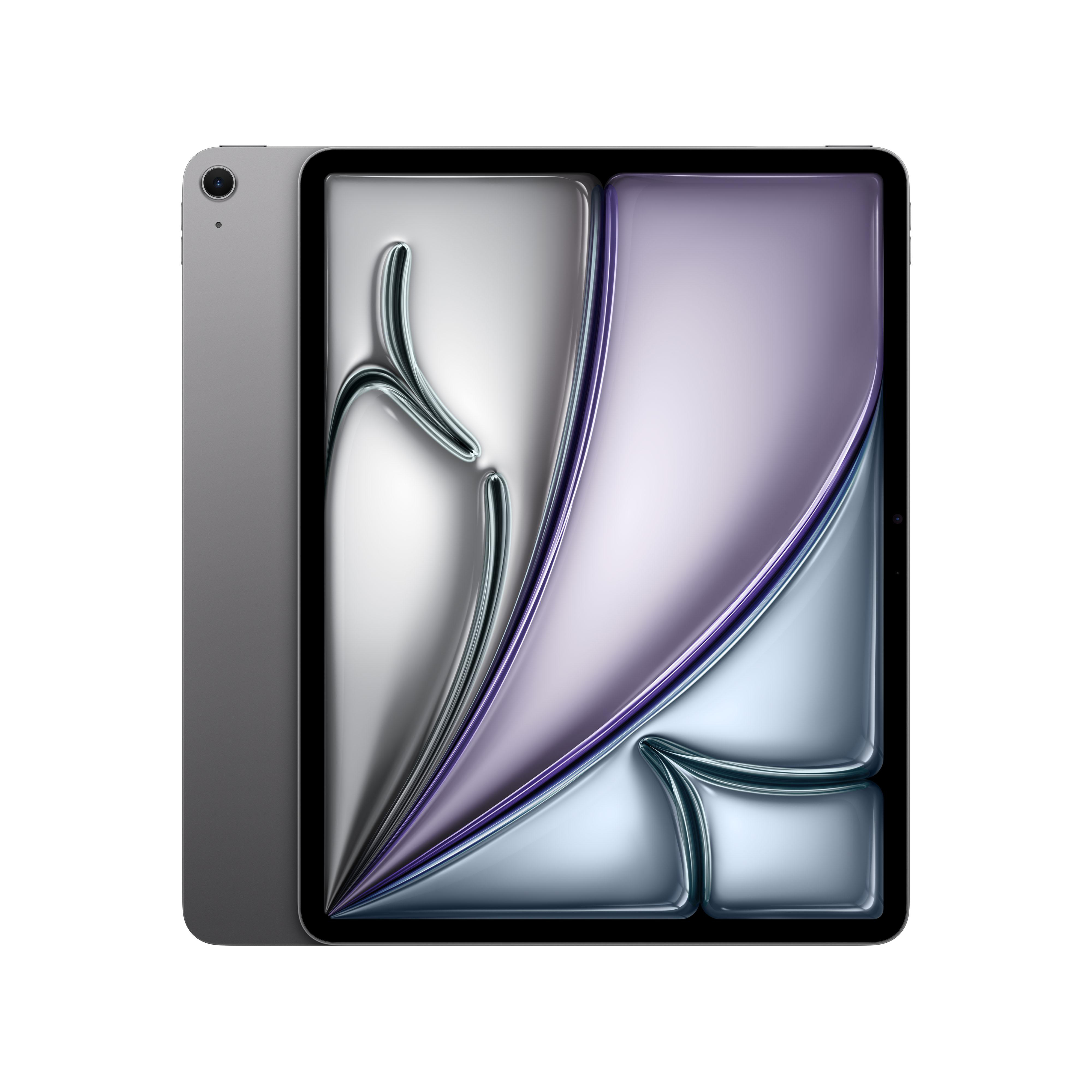 Tablet mit farbenfrohem Bildschirm. Seitenansicht zeigt die graue Rückseite. Weißer Hintergrund.