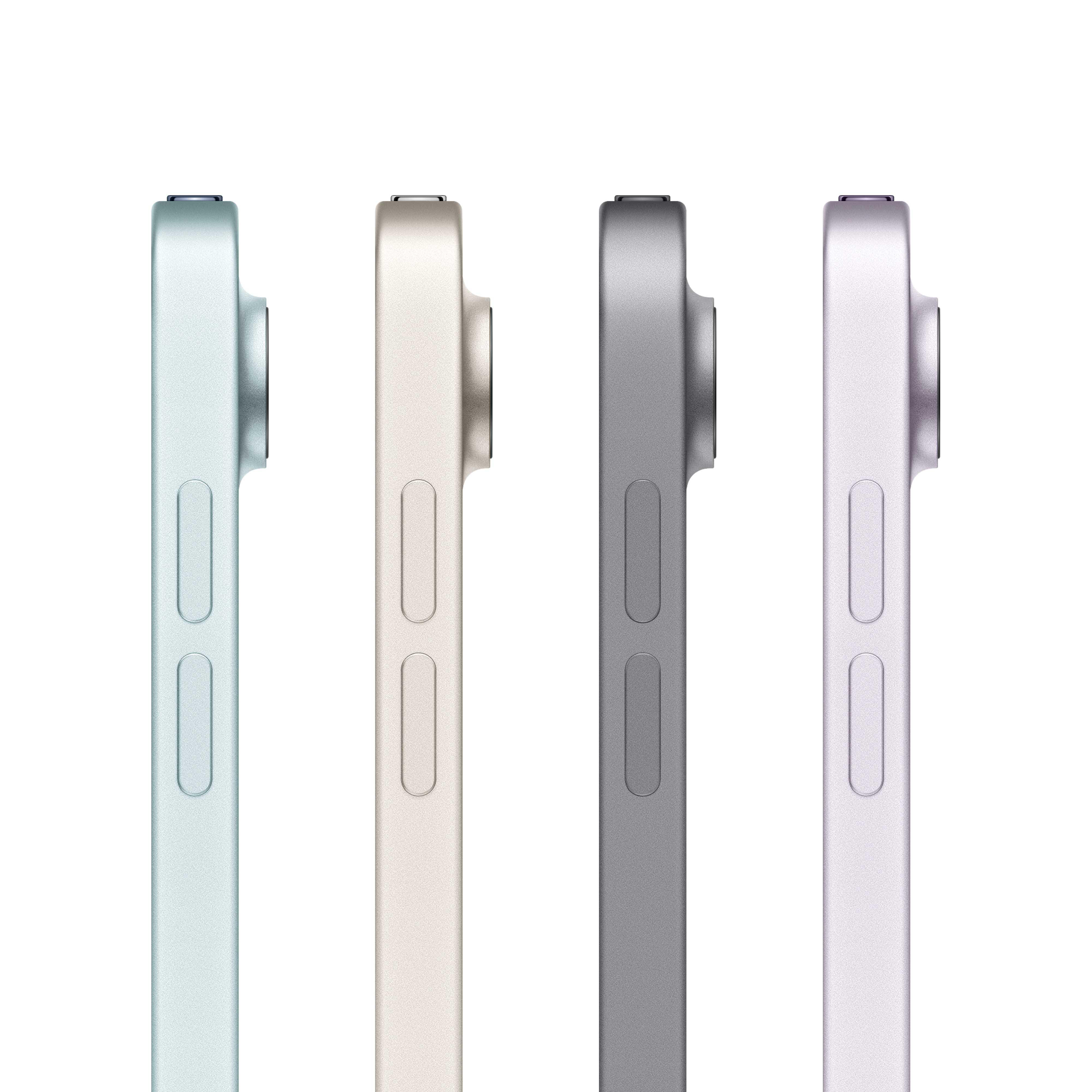 Vier verschiedenfarbige iPad Pro Tablets von der Seite. Hellgrün, Creme, Grau und Lavendel.