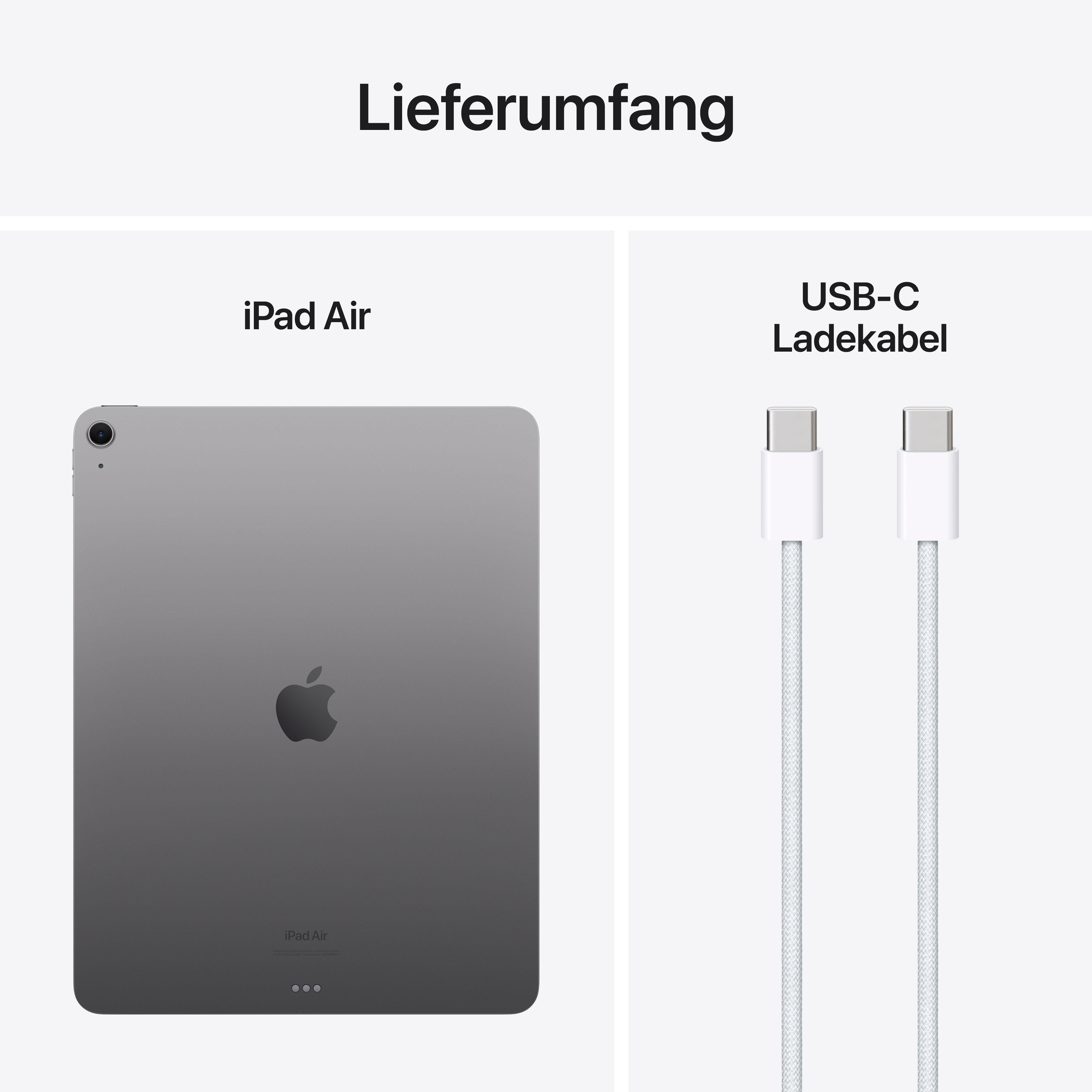 iPad Air mit USB-C-Kabel. Das iPad ist grau, das Kabel weiß.