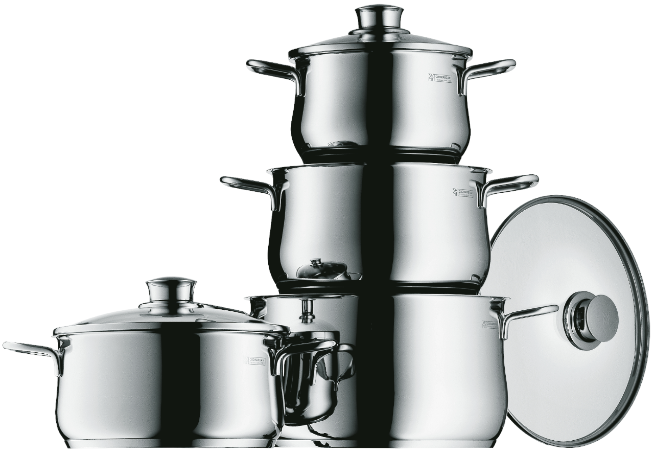 Set aus Edelstahl-Töpfen und -Pfannen mit Deckeln.