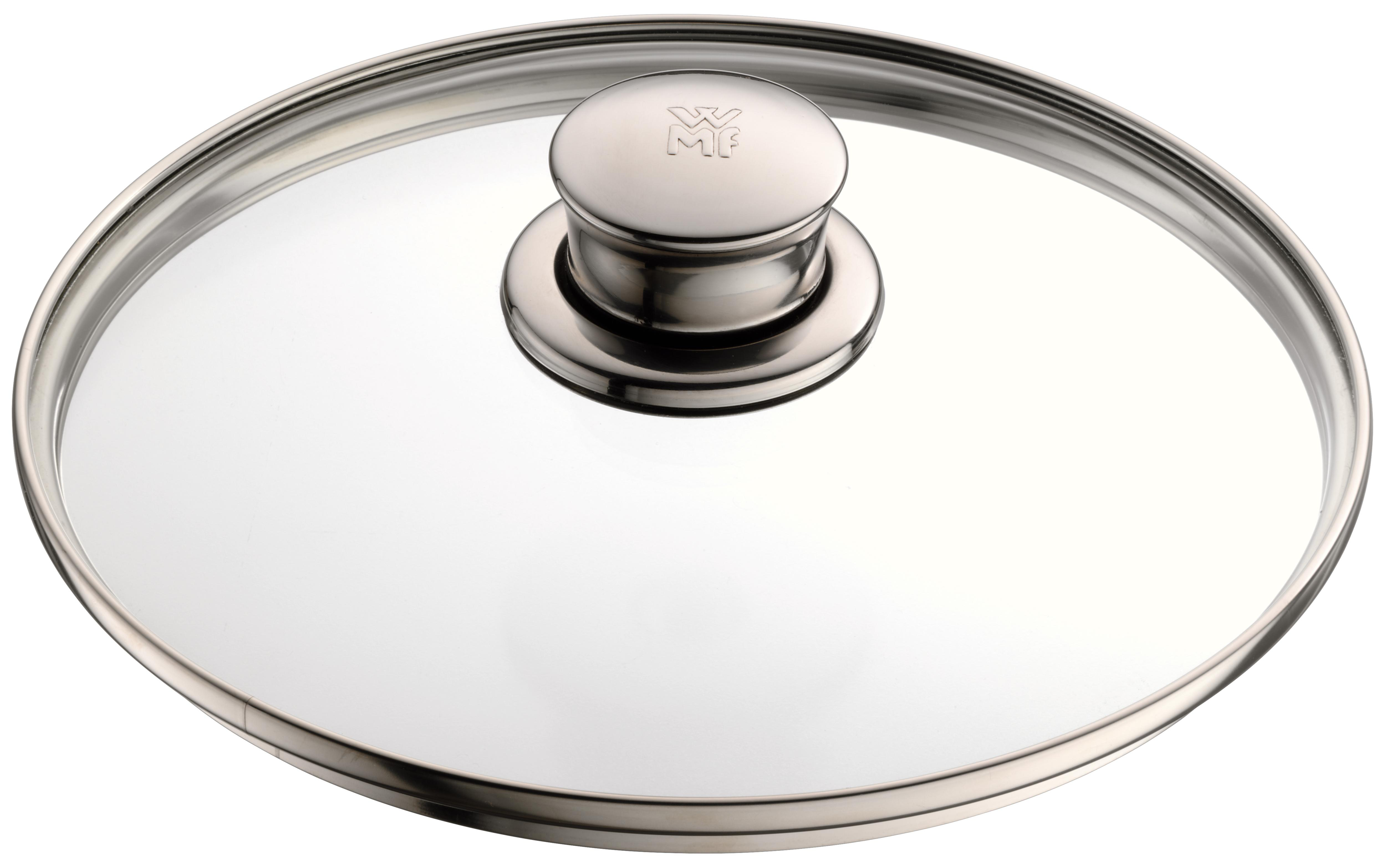 Ein transparenter Glasdeckel mit Metallrand und Griff.