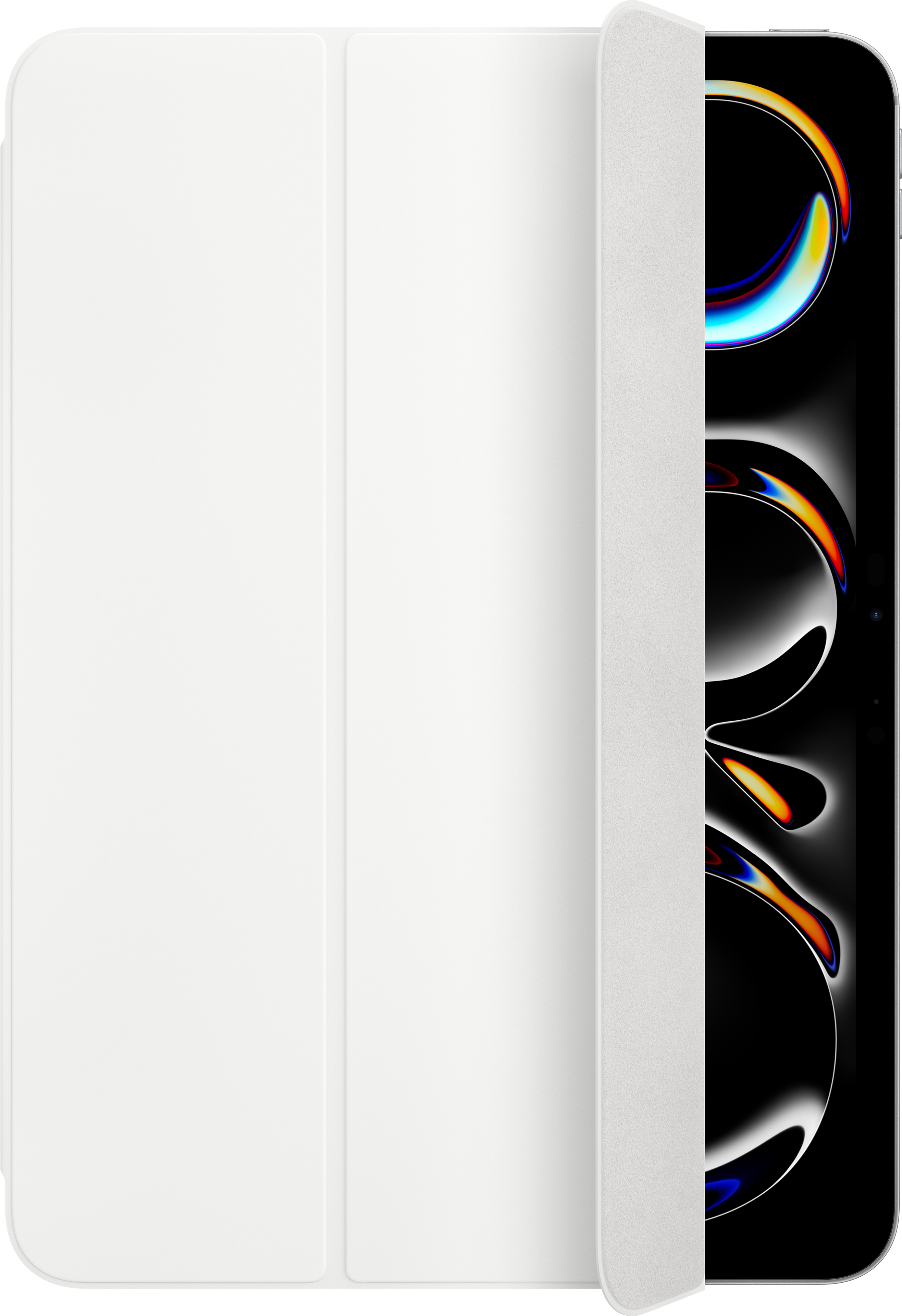 Étui de tablette blanc. Ouvert, révélant un écran avec des graphiques abstraits colorés.