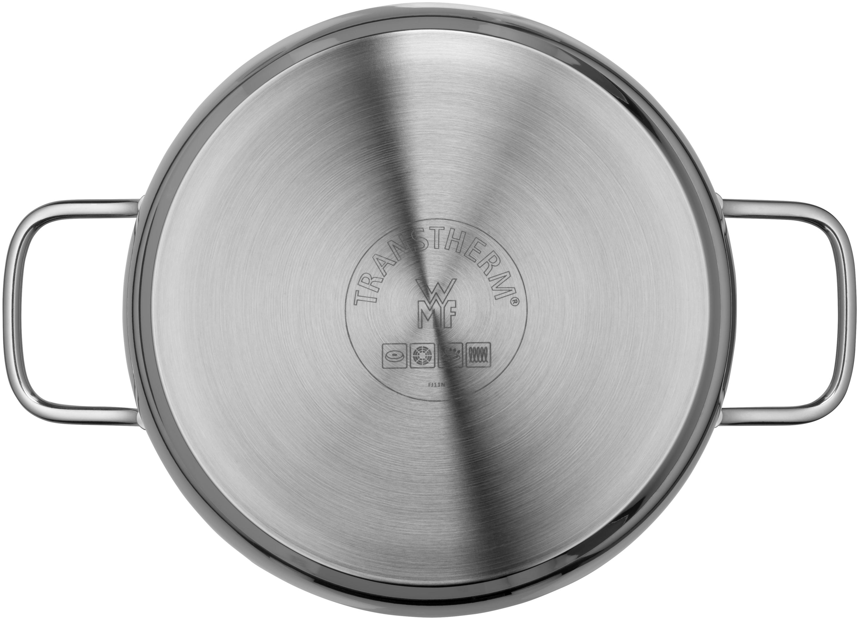 Ein Edelstahlkochtopf mit zwei Griffen, von oben betrachtet. Der Boden hat das TransTherm-Logo.