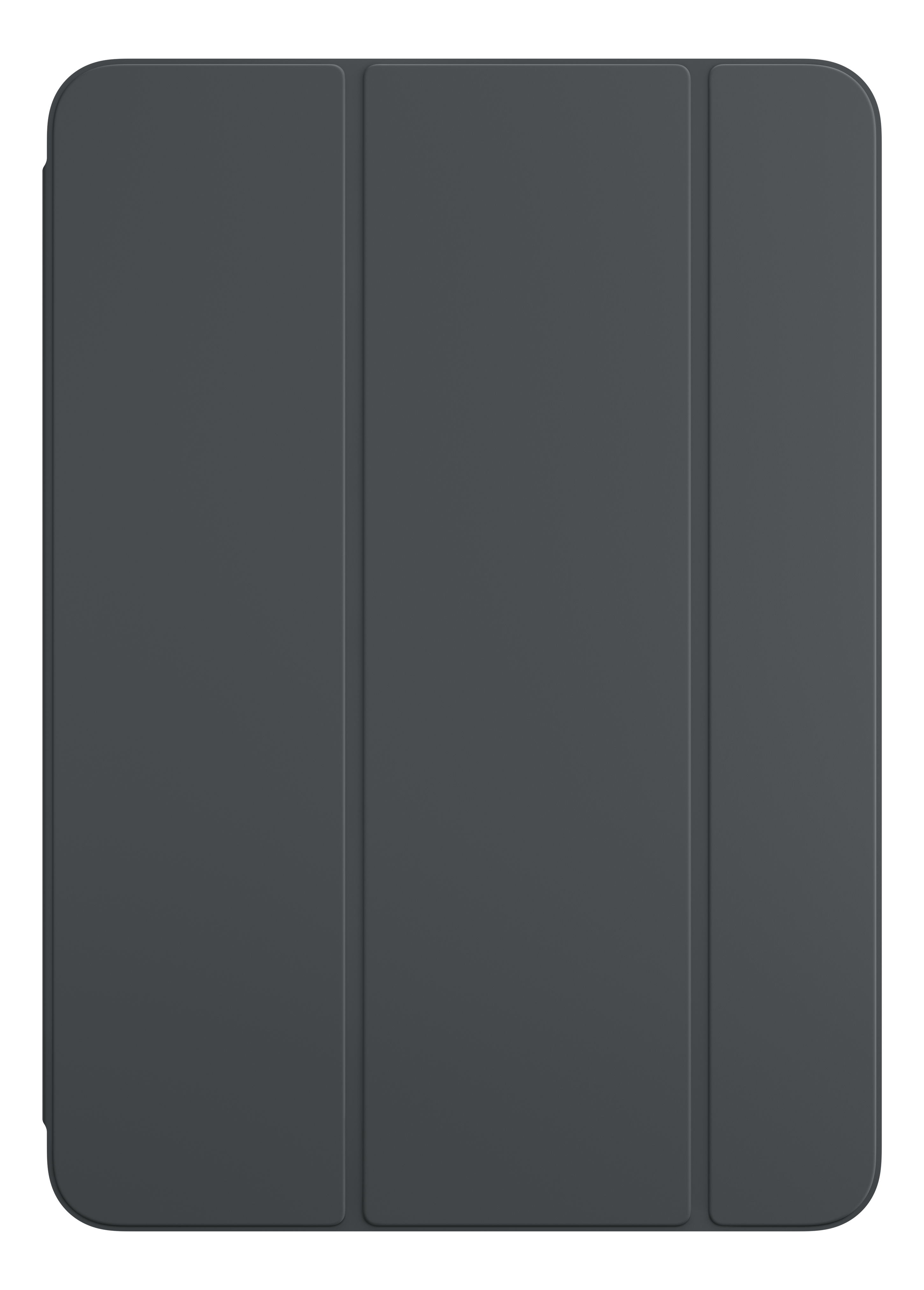 Dunkelgraue iPad-Hülle, gefaltet, dreiteiliges Design. Die Hülle ist geschlossen und flach.