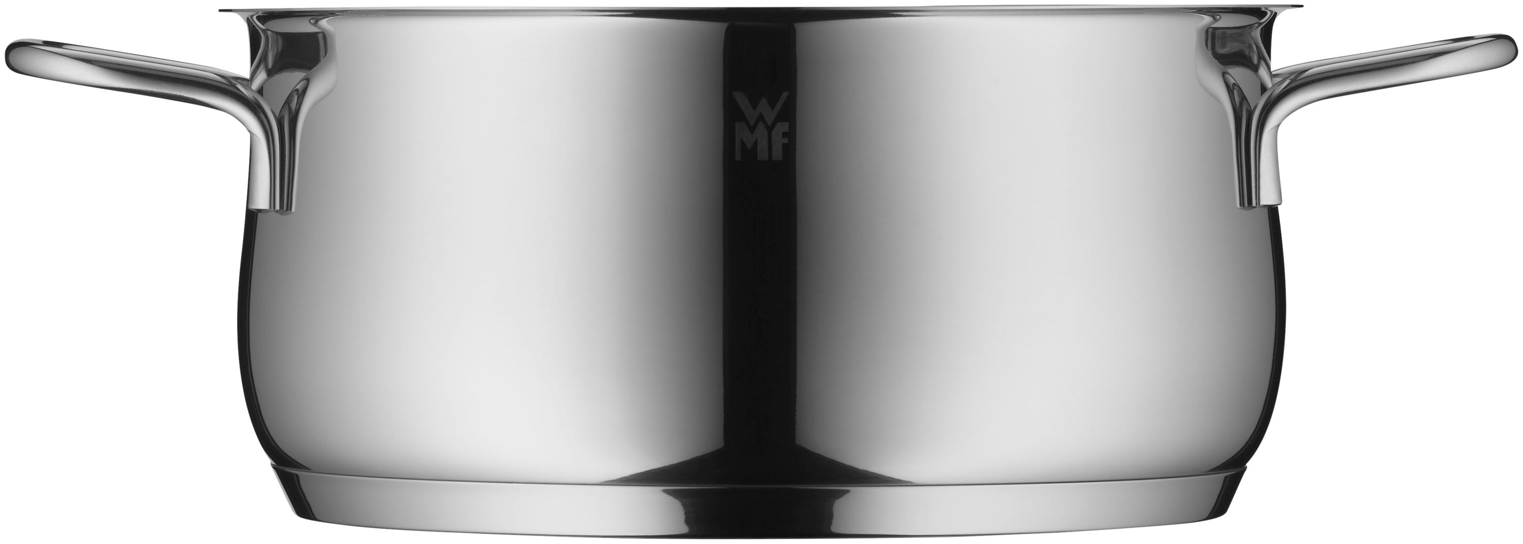 Ein Kochtopf aus Edelstahl mit zwei Griffen. Der Topf hat eine glänzende Oberfläche und ein schlichtes Design.