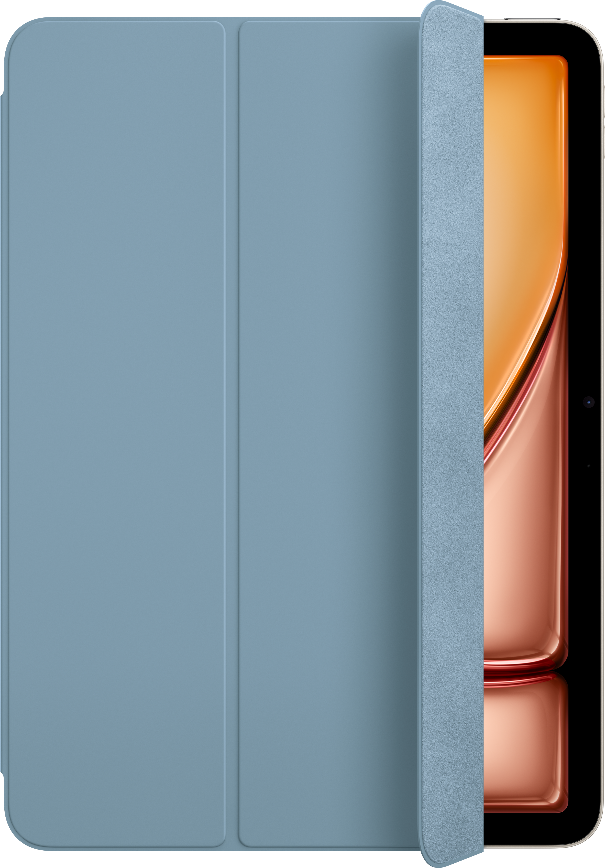 Eine blaue Tablet-Hülle wird geöffnet, um das Tablet freizugeben. Der Tablet-Bildschirm ist orange.