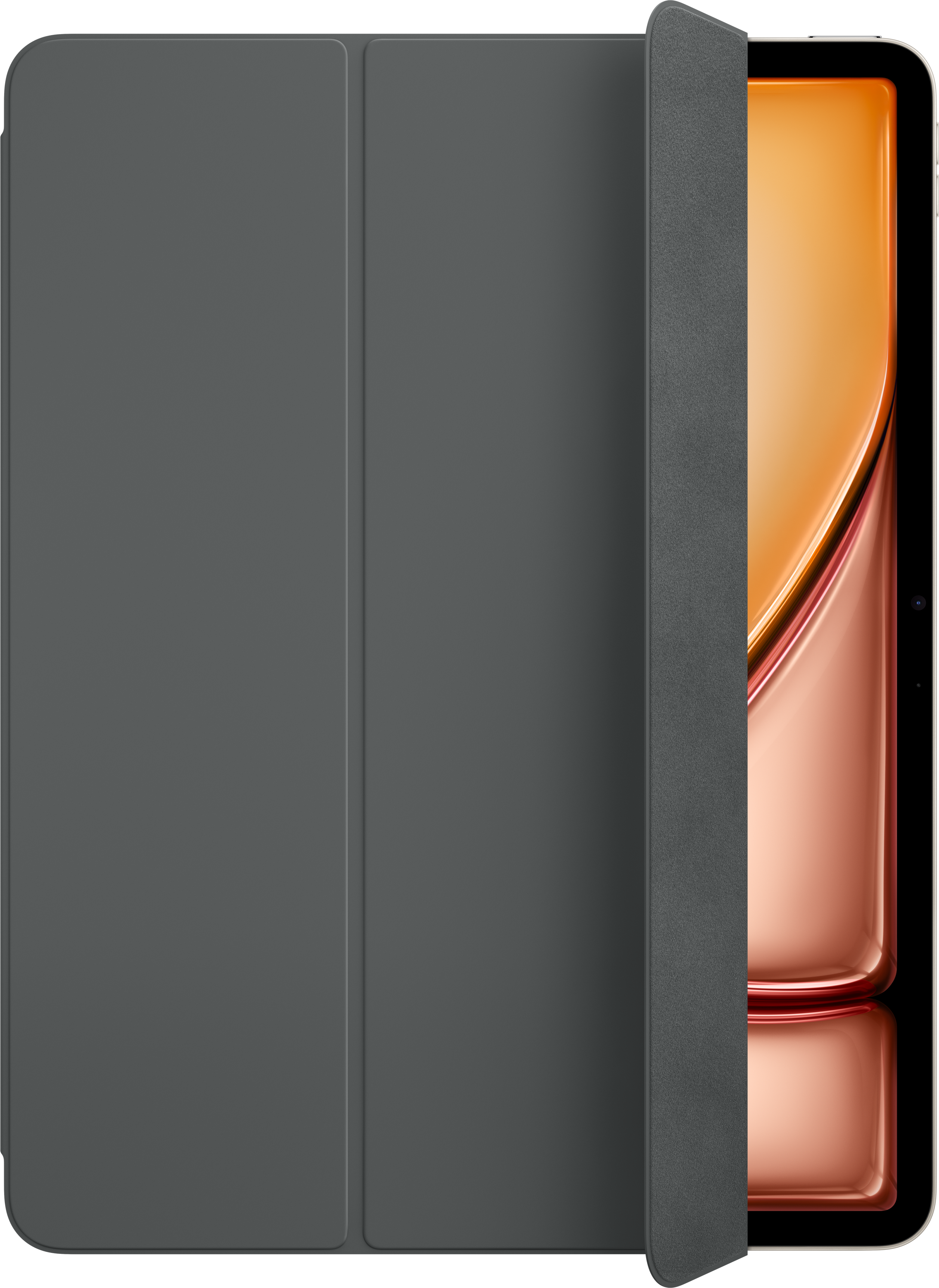 Ein iPad in einem grauen Case, teilweise geöffnet, zeigt einen orangenen Bildschirm.