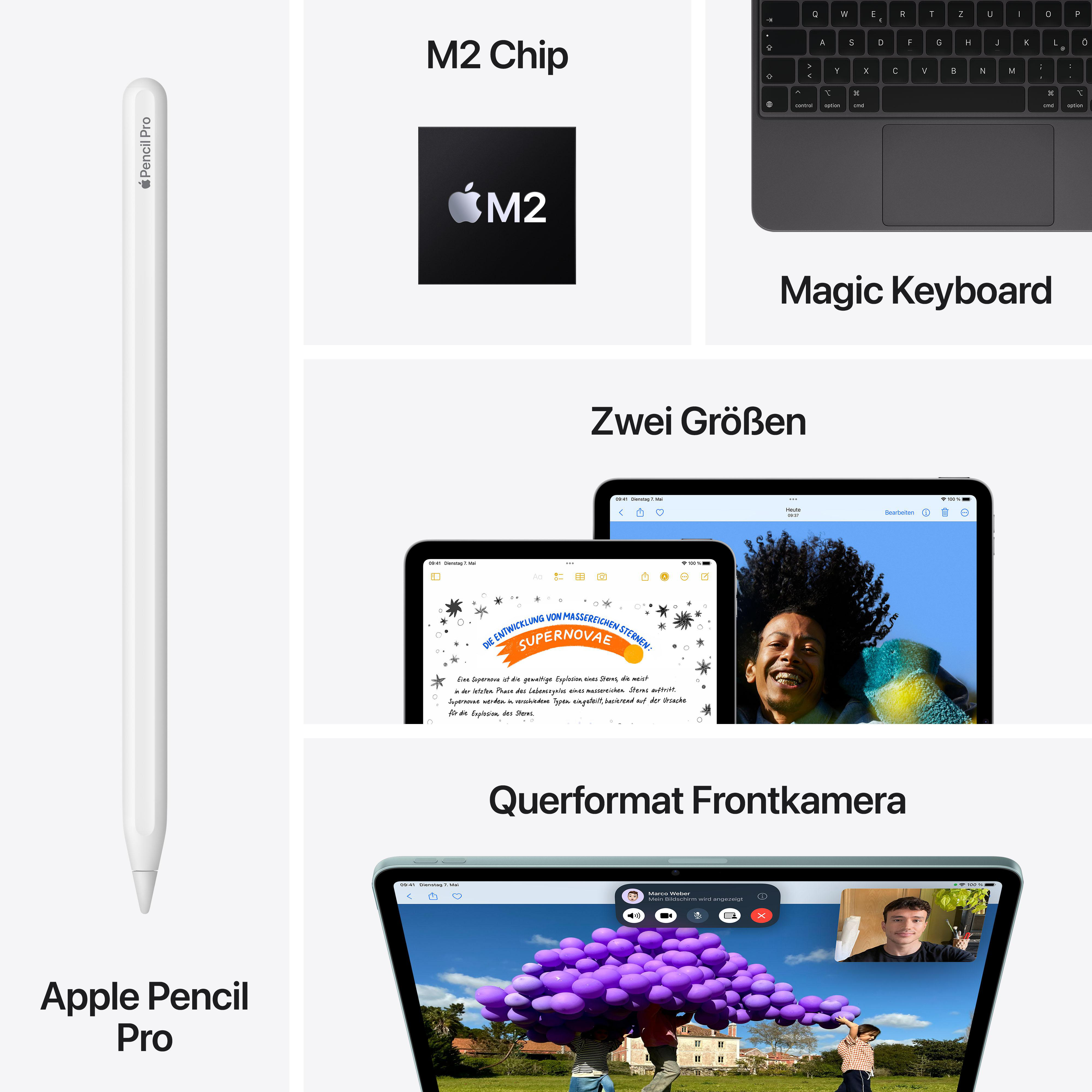 Apple Pencil Pro, M2-Chip und Magic Keyboard werden mit anderen Funktionen angezeigt.