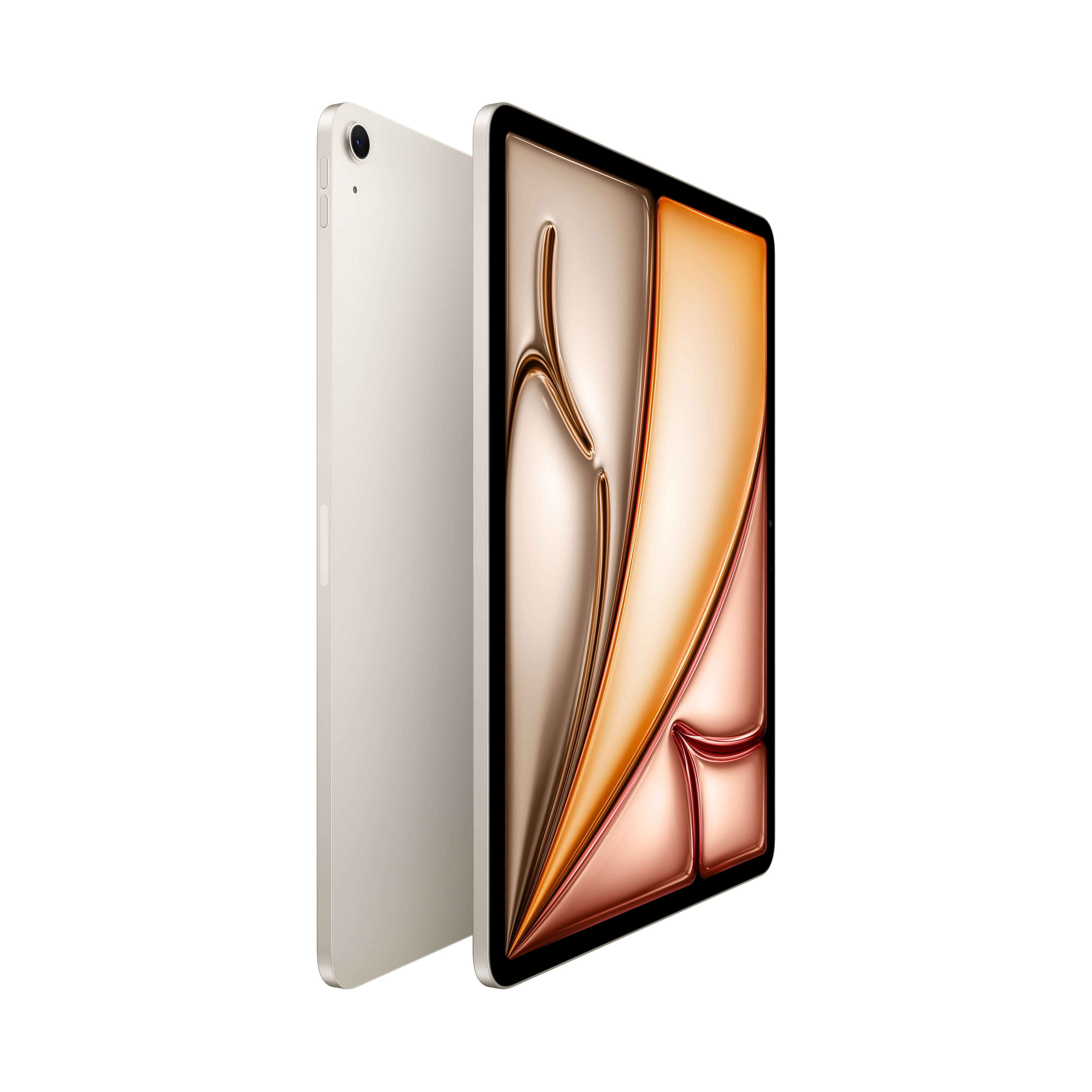 Ein iPad, zeigt die Rückseite und das Display. Das Display zeigt ein abstraktes Design.