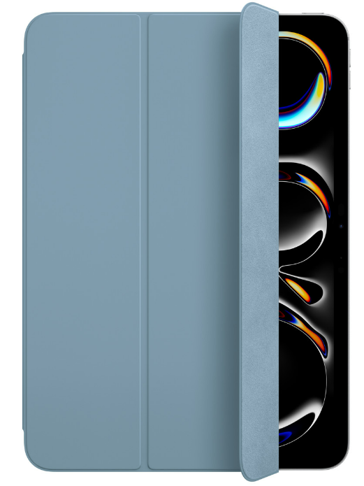 Blaue iPad-Hülle mit einem Bildschirm, der ein farbenfrohes Design zeigt. Die Hülle ist teilweise geöffnet.
