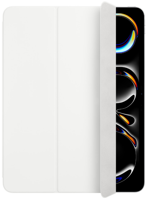 iPad mit weißer Hülle. Das iPad zeigt ein farbenfrohes abstraktes Design auf dem Display.