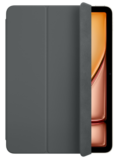 Ein iPad in einer dunkelgrauen Hülle, teilweise geöffnet, das den Bildschirm mit orangefarbenem Farbton zeigt.