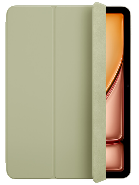 Tablet mit geöffneter grüner Hülle, die einen Bildschirm mit orange-pinkfarbenem Farbverlauf zeigt.