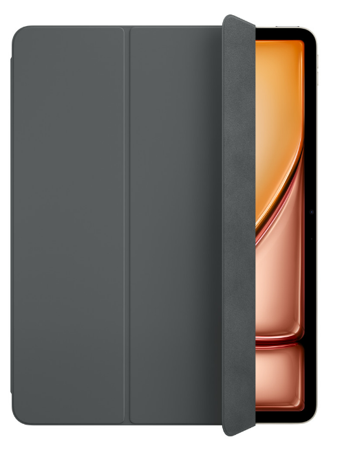 Dunkelgraue Tablet-Hülle, geöffnet, zeigt Tablet-Bildschirm mit orangefarbenem Hintergrund.