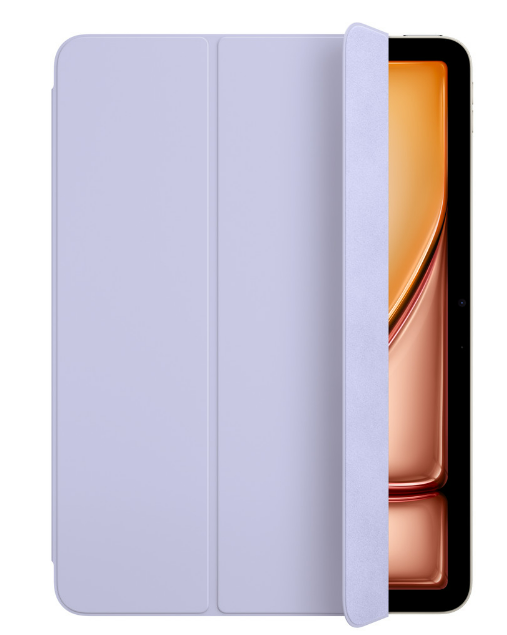 Tablet mit teilweise geöffneter lavendelfarbener Hülle, zeigt einen Bildschirm mit orangem Hintergrund.