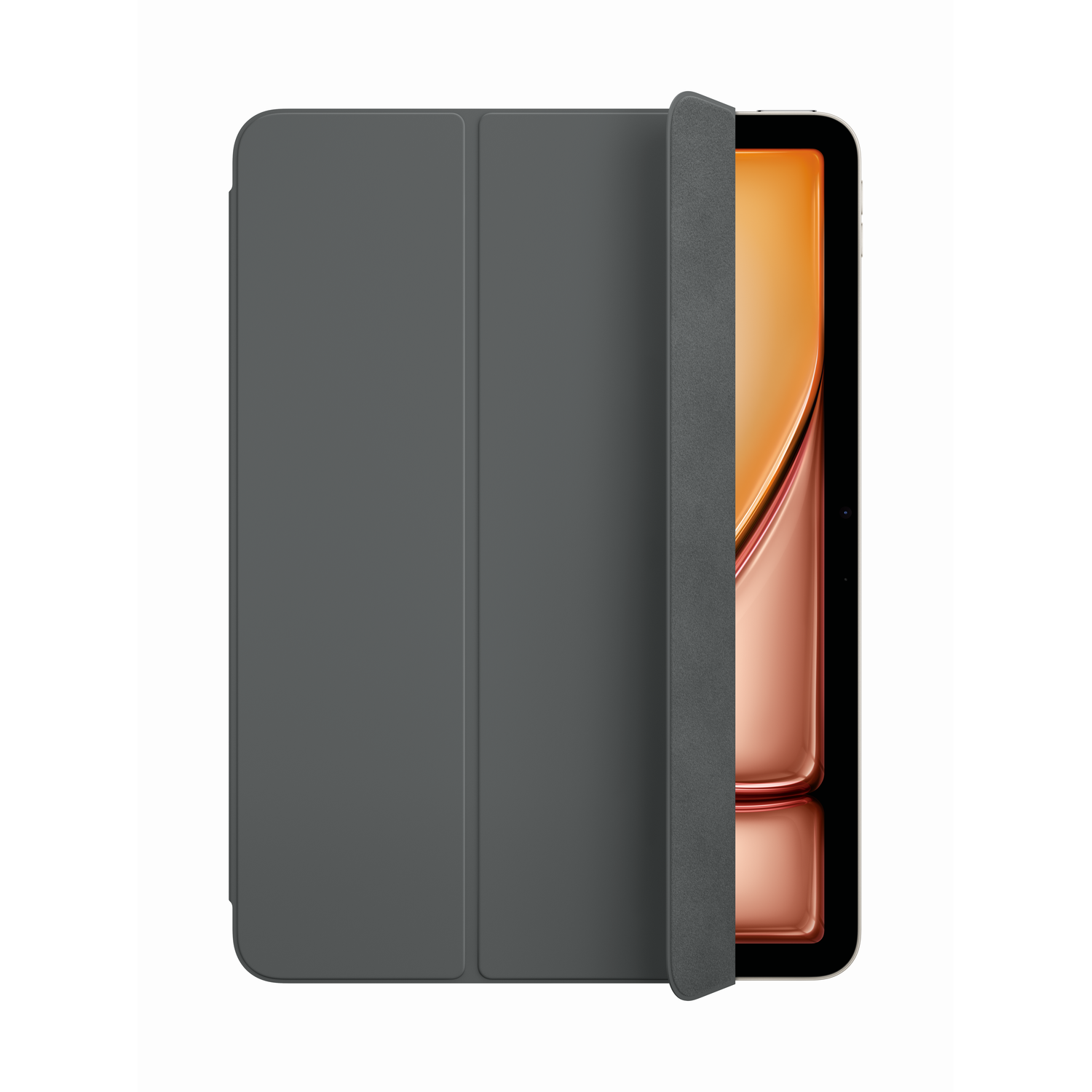 A gray iPad with a gray case is shown, partially open. The screen displays an orange image.