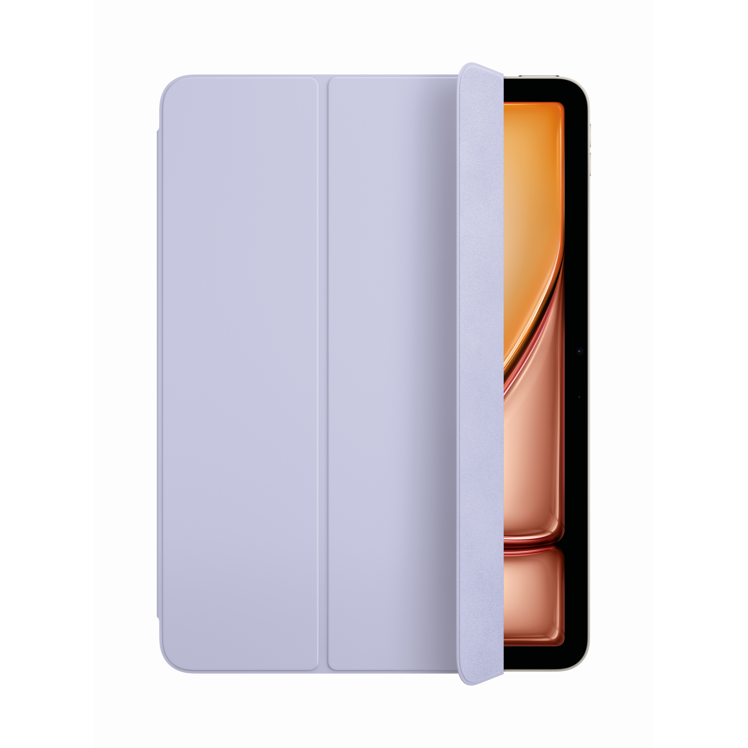 A lilac iPad cover is shown, partially open, revealing the tablet's screen. The background is dark.