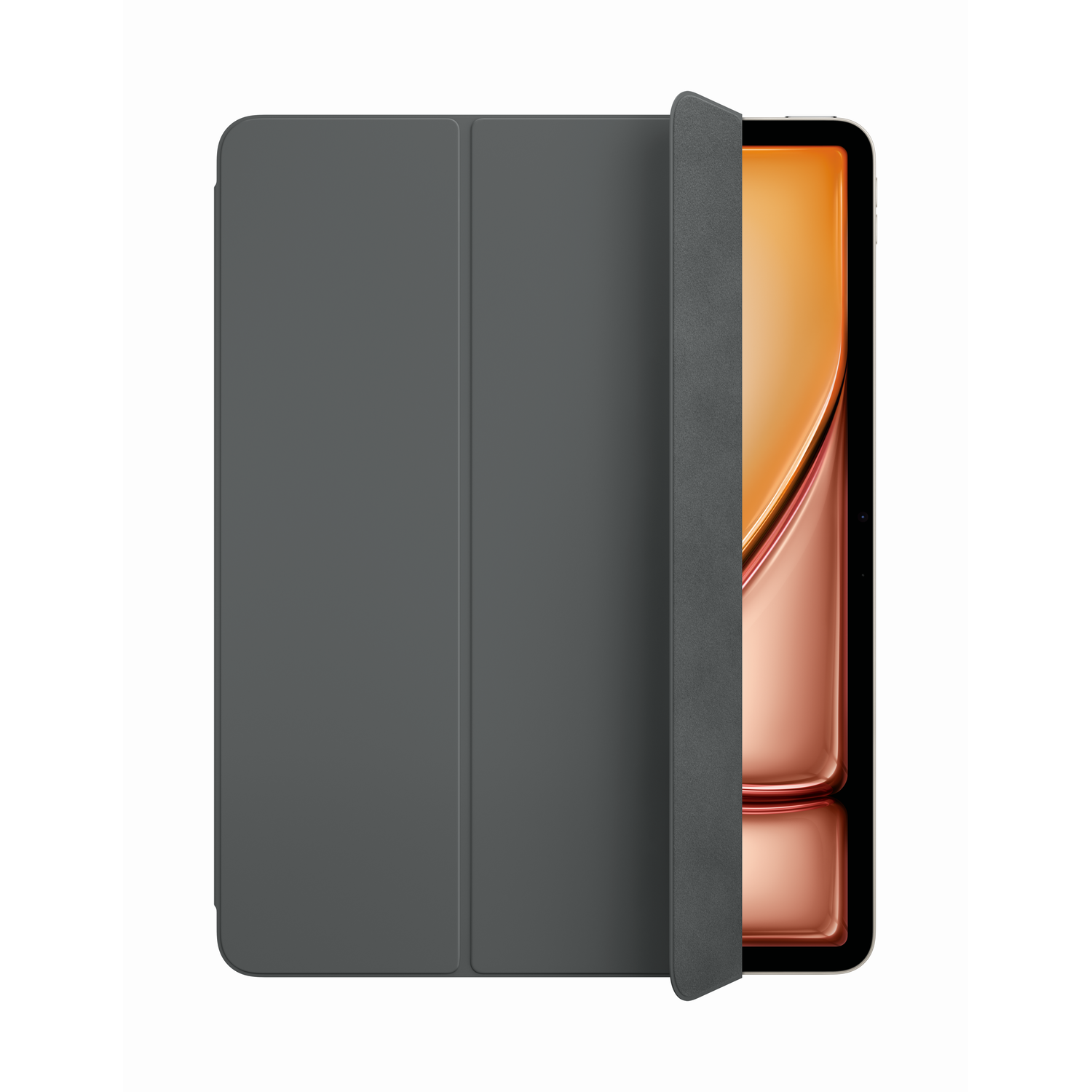 A gray tablet case, partially open, reveals a tablet with a golden screen.