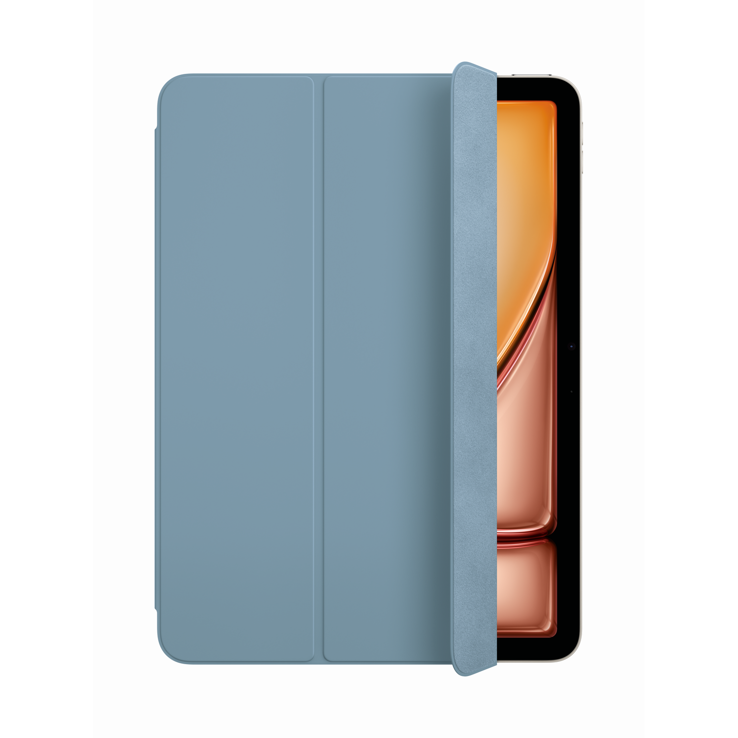 Blue tablet cover with an iPad inside, showing a golden screen.