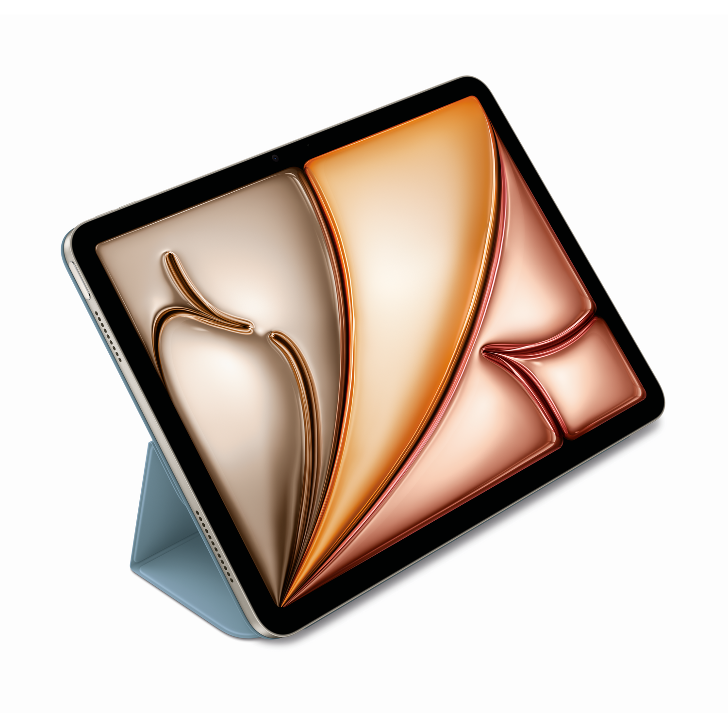 Tablet with a unique design on the screen, propped up on a blue cover. Gold and copper colors.