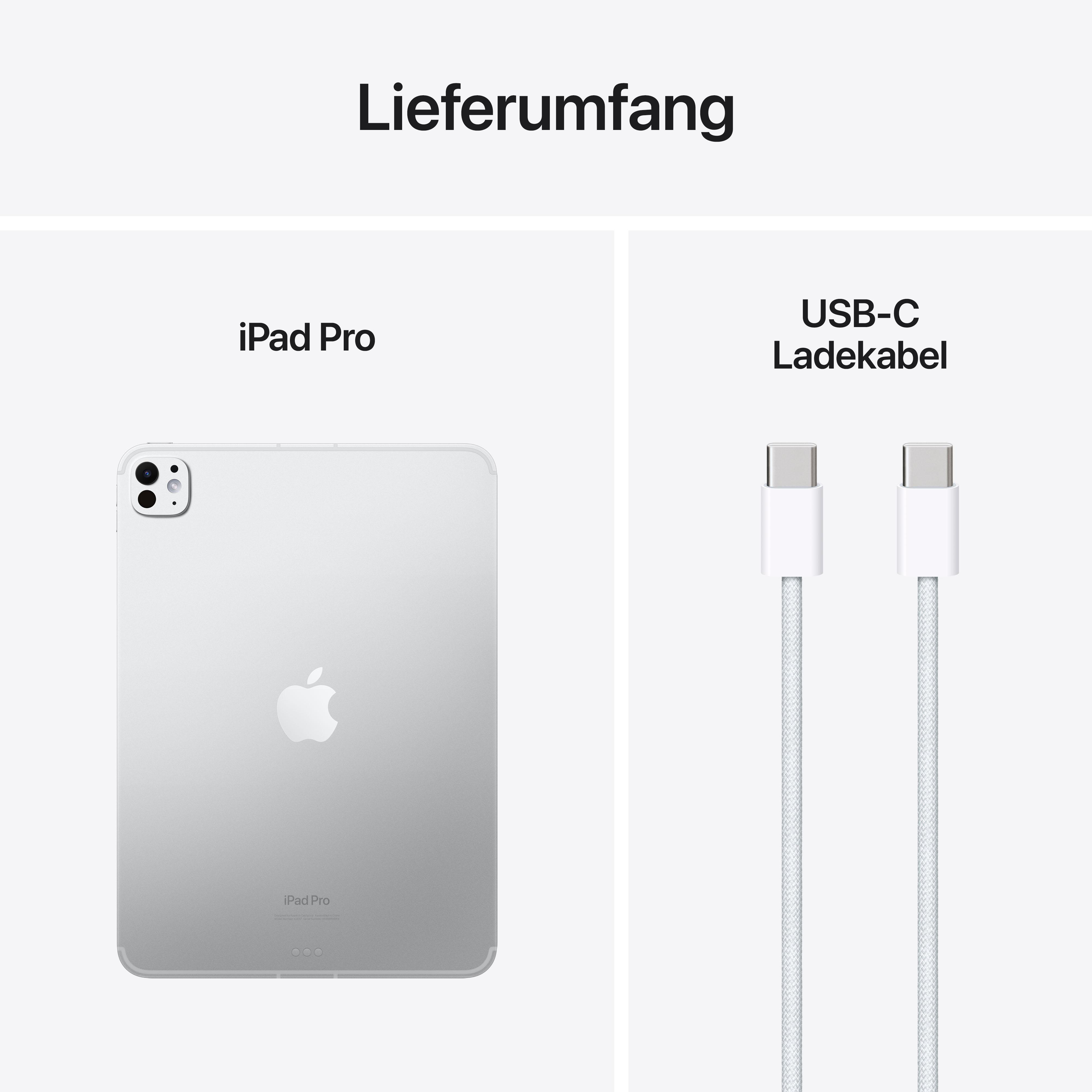 Das Bild zeigt ein iPad Pro und ein USB-C-Ladekabel. Das iPad ist silber, das Kabel weiß, alles vor weißem Hintergrund.