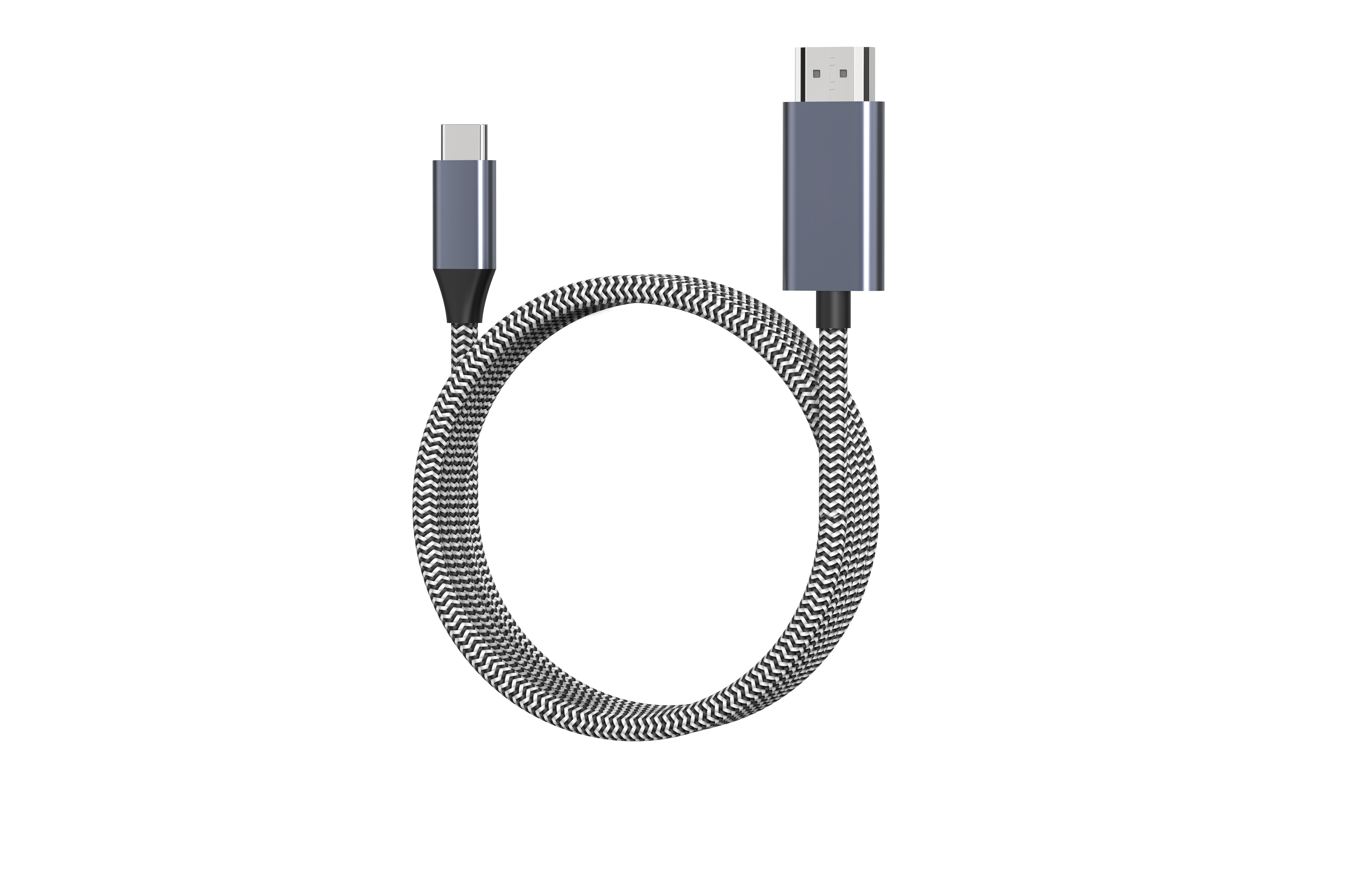 USB-C-zu-HDMI-Kabel, kreisförmig, vor weißem Hintergrund.