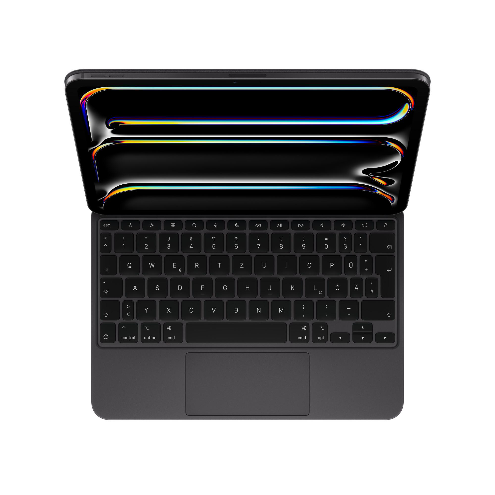 Schwarze Tastatur mit Trackpad, mit geöffnetem Bildschirm auf weißem Hintergrund.