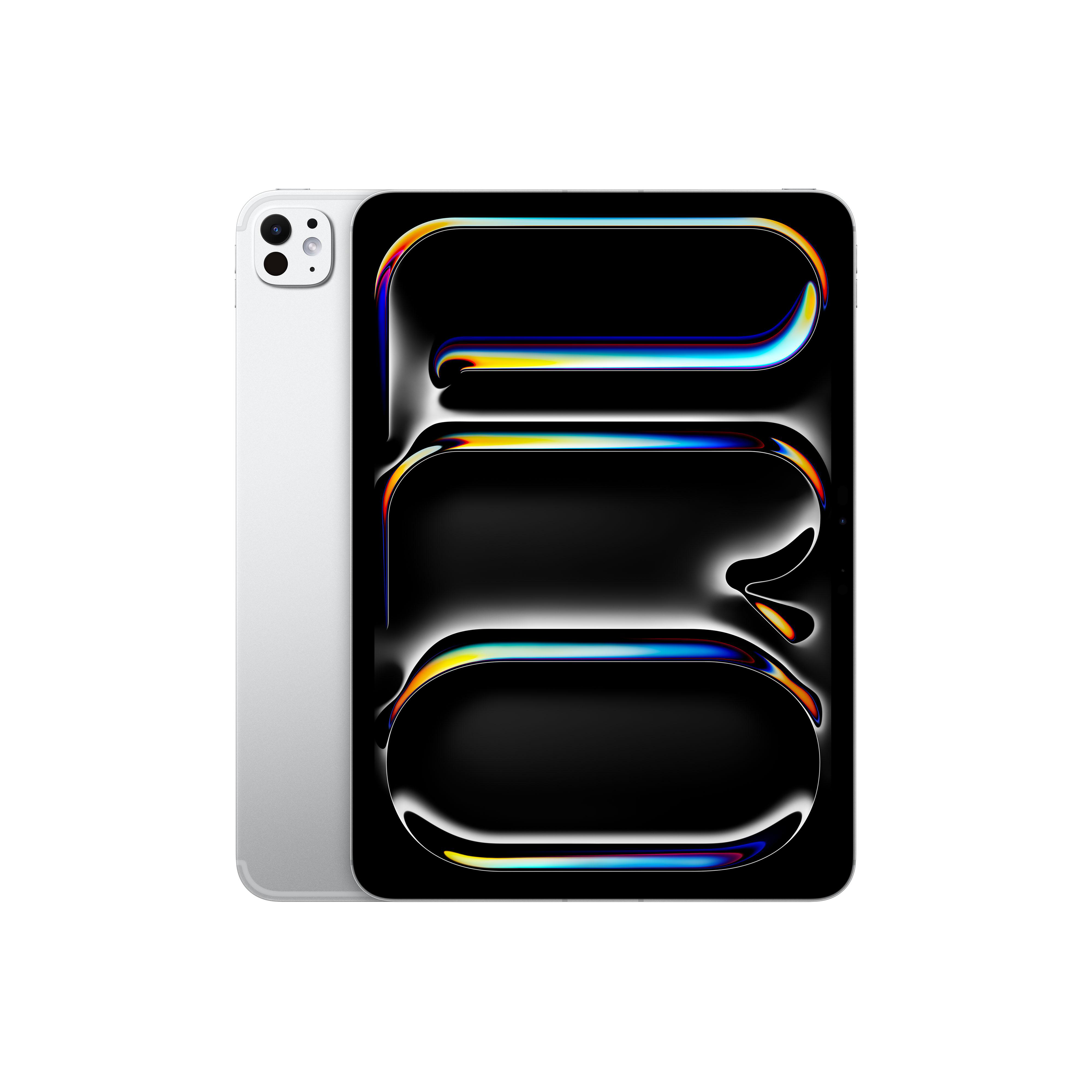 Ein iPad Pro, silberne Rückseite mit Apple-Logo. Der Bildschirm zeigt ein glänzendes Design mit abgerundeten Rechtecken.
