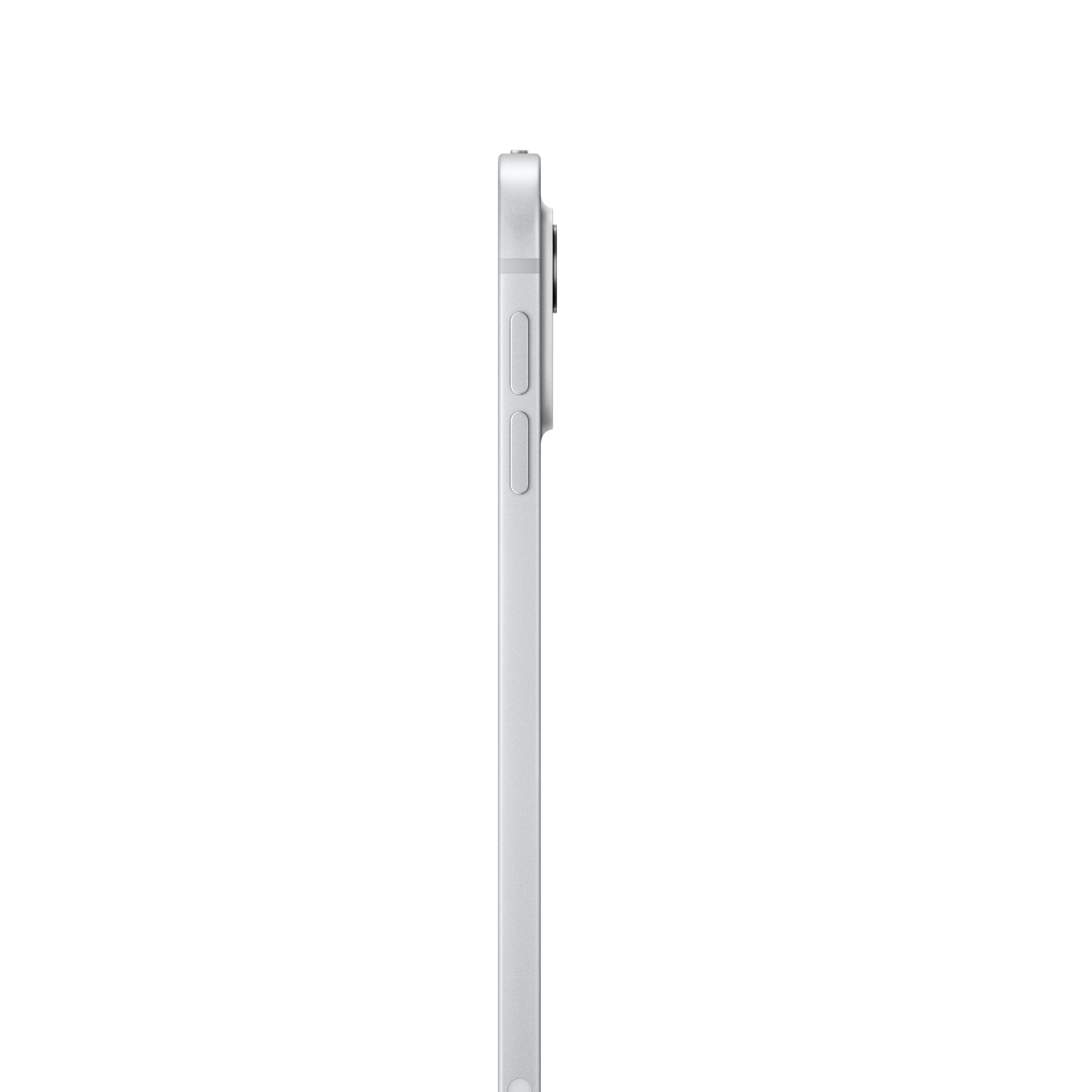 Eine Seitenansicht eines silbernen iPads, die sein schlankes Profil zeigt. Weißer Hintergrund.