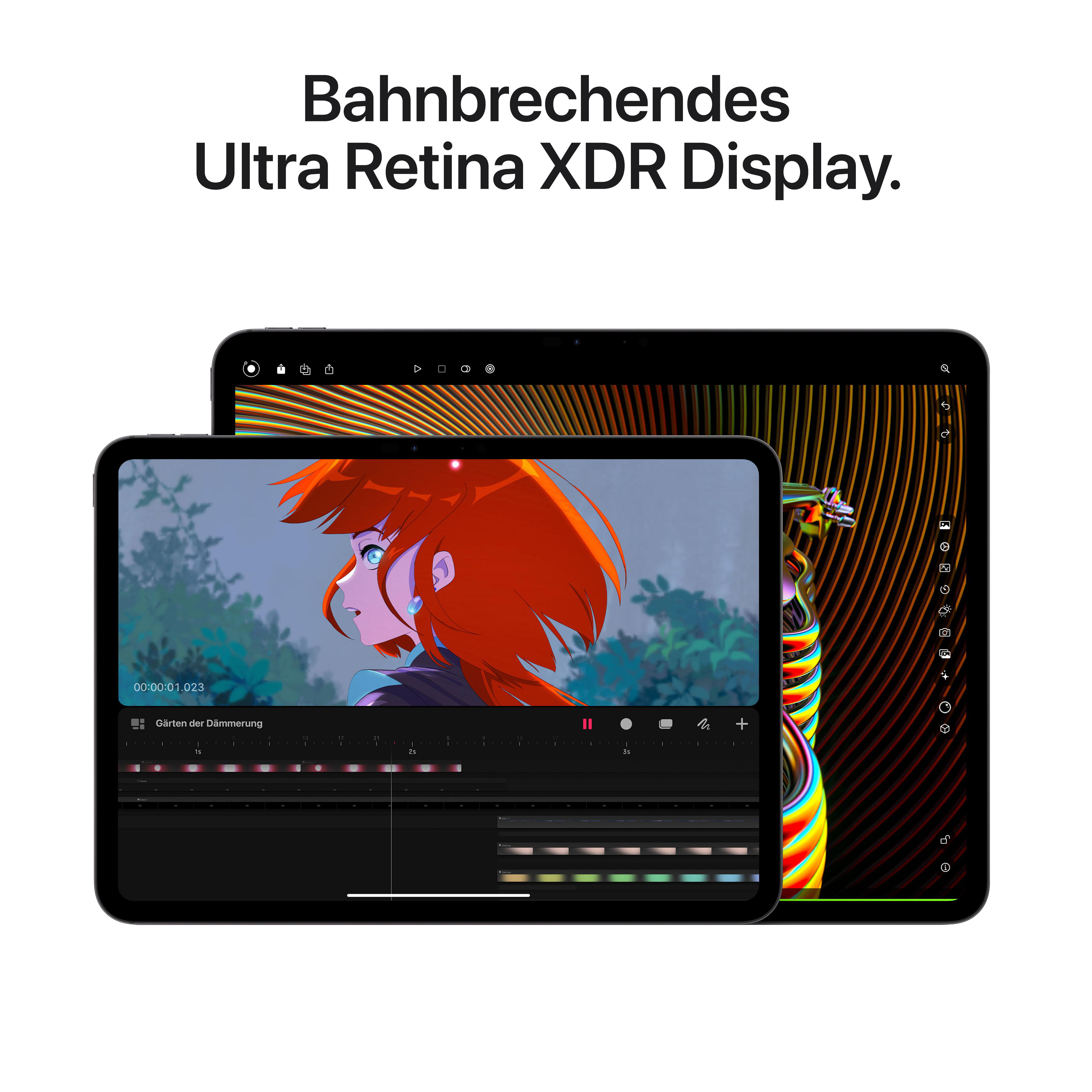 Zwei iPads, die eine Videoschnittstelle zeigen. Die Bildschirme zeigen animierte Inhalte.