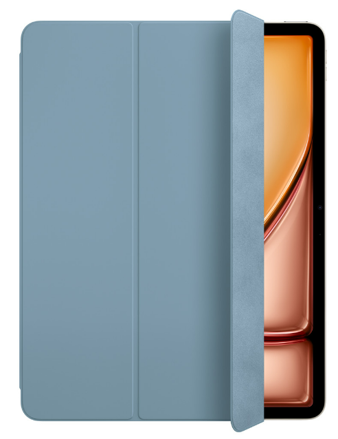 Eine blaue Tablet-Hülle offen, zeigt den Tablet-Bildschirm. Der Bildschirm hat eine goldene Farbe.
