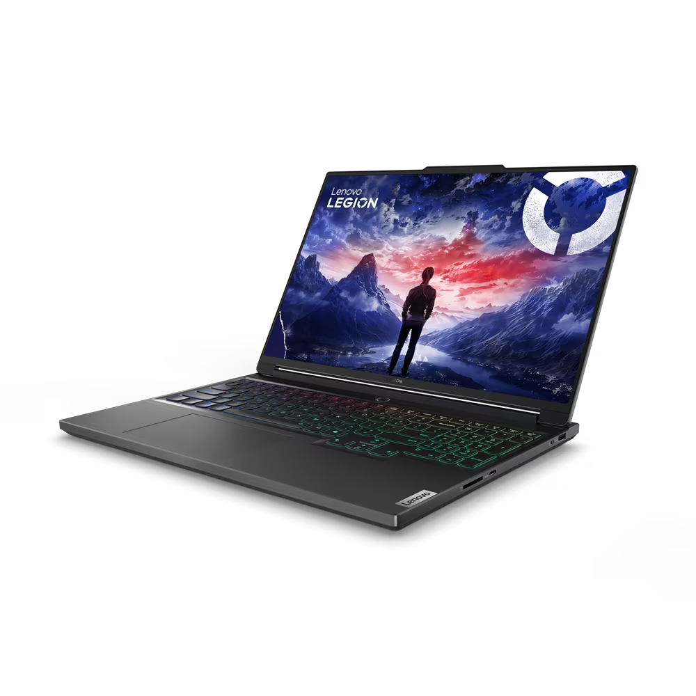 Una laptop Lenovo Legion con una pantalla colorida y fondo negro.