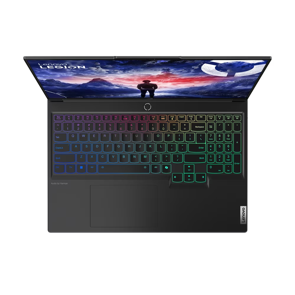 Portátil con pantalla abierta, teclado retroiluminado colorido. Vista superior, marco negro.