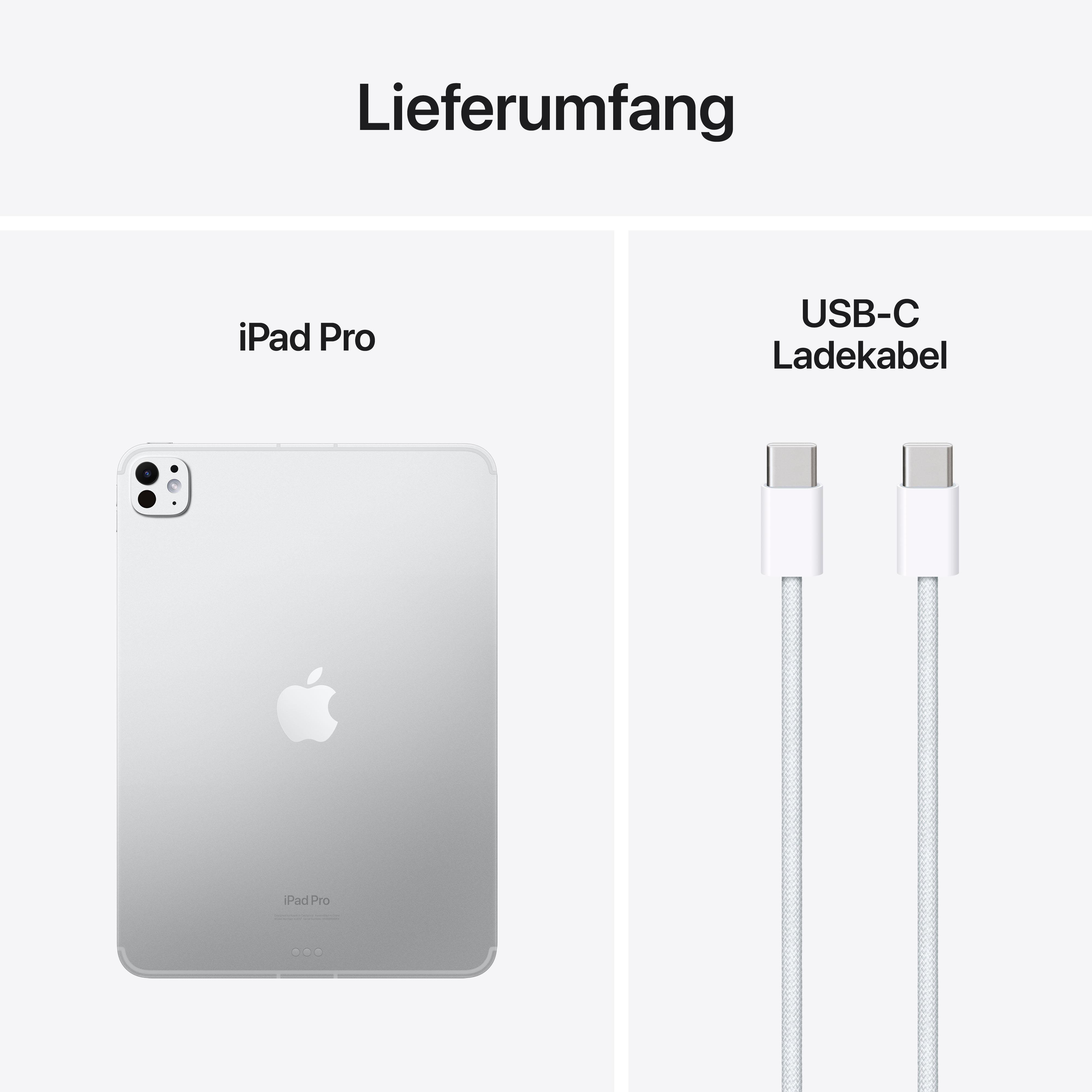 Ein iPad und ein USB-C-Kabel werden auf weißem Hintergrund gezeigt, was den Lieferumfang darstellt.