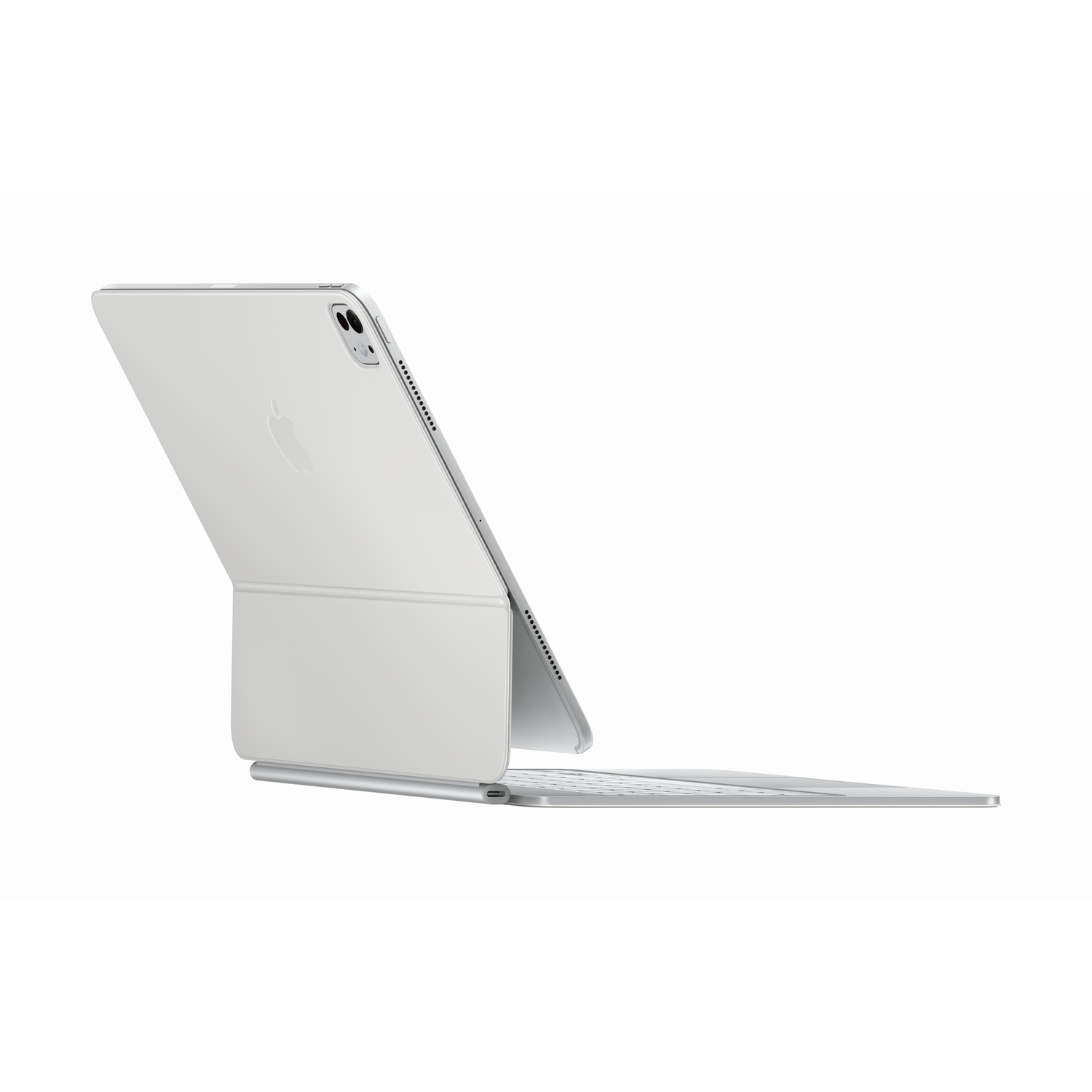 An iPad with a keyboard case is shown. The screen is tilted up and open. White background.